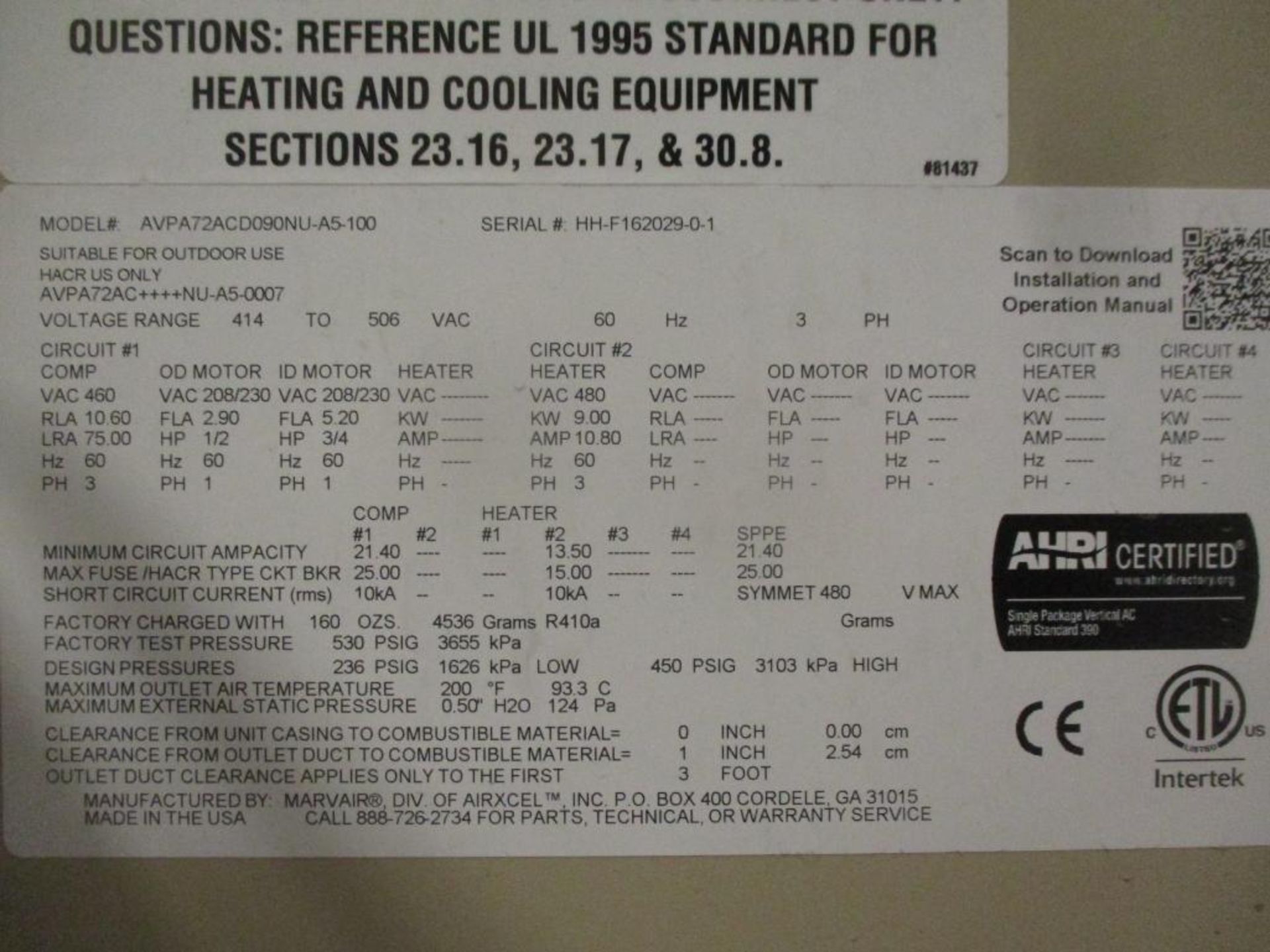 Airxcel Marvair ComPac I Heater, Model AVPA72ACD090NU-A5-100 (New) - Image 4 of 4