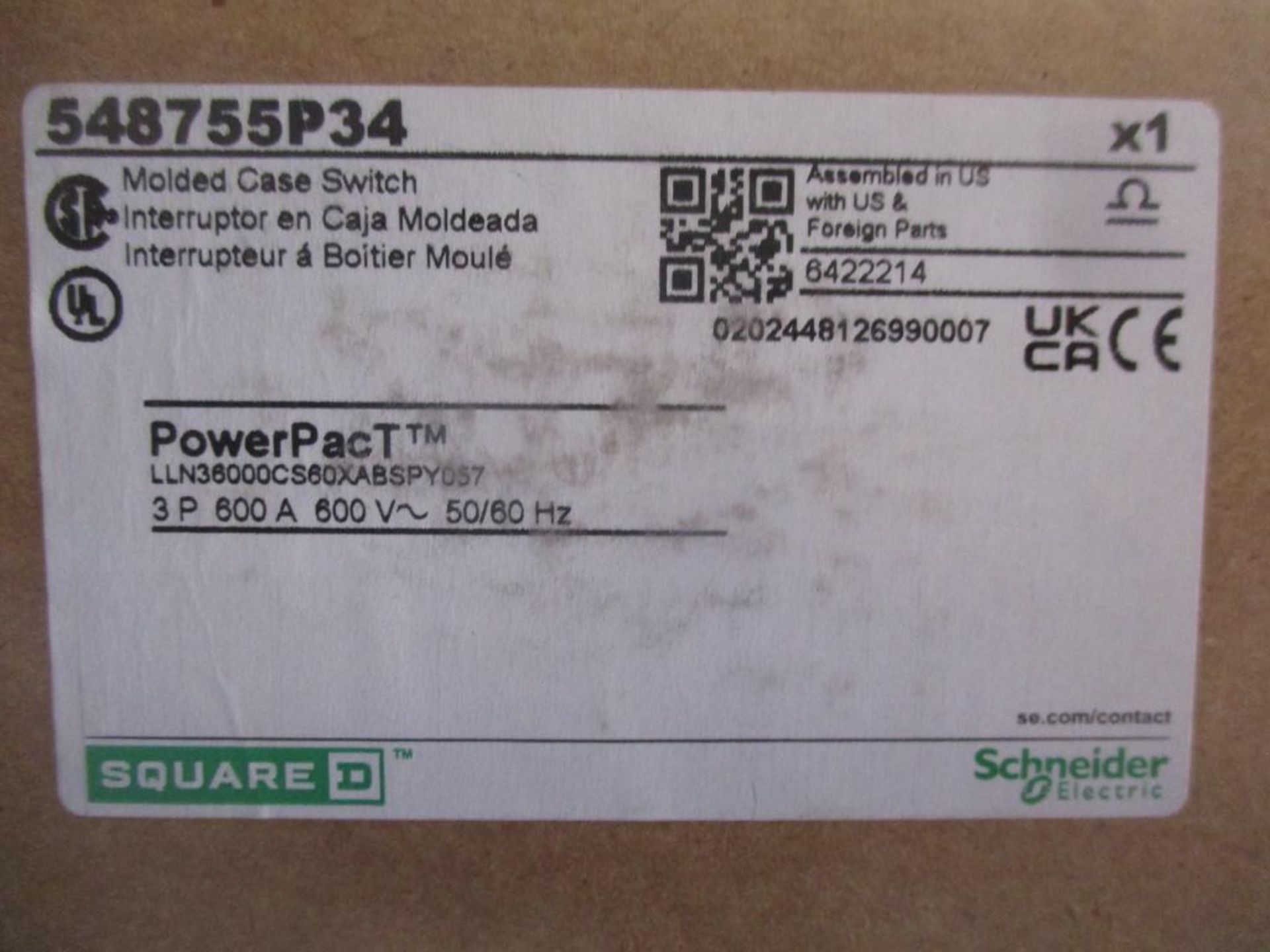 Square D 600 AMP Circuit Breaker, 548755P34, 600A, 3P, 600VAC, PowerPacT (New in Box) - Image 4 of 4