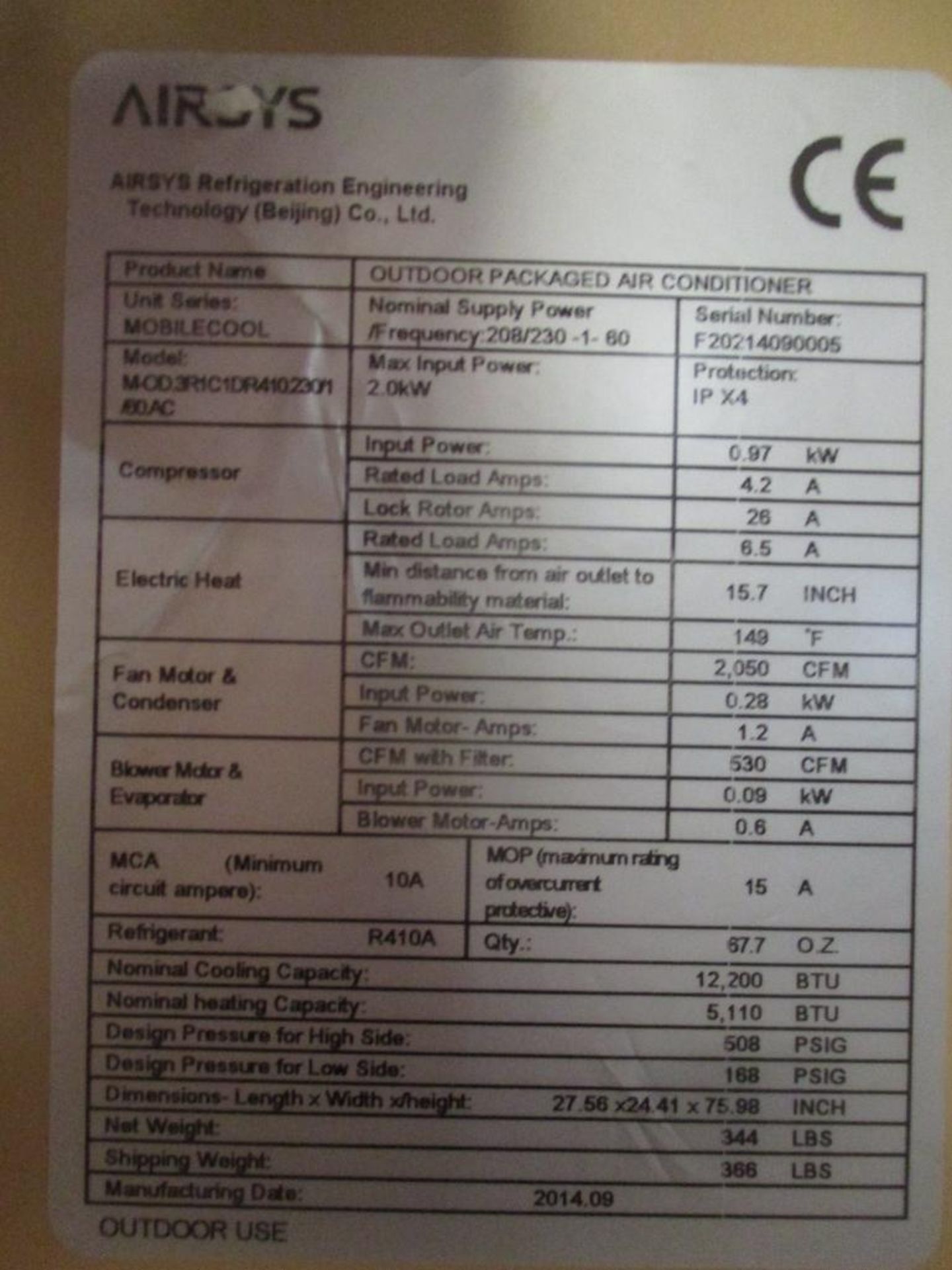 Airsys Outdoor Packaged Air Conditioner, Mobile Cool, Model MOD.3R1C1DR410230/1 (New) - Image 4 of 4