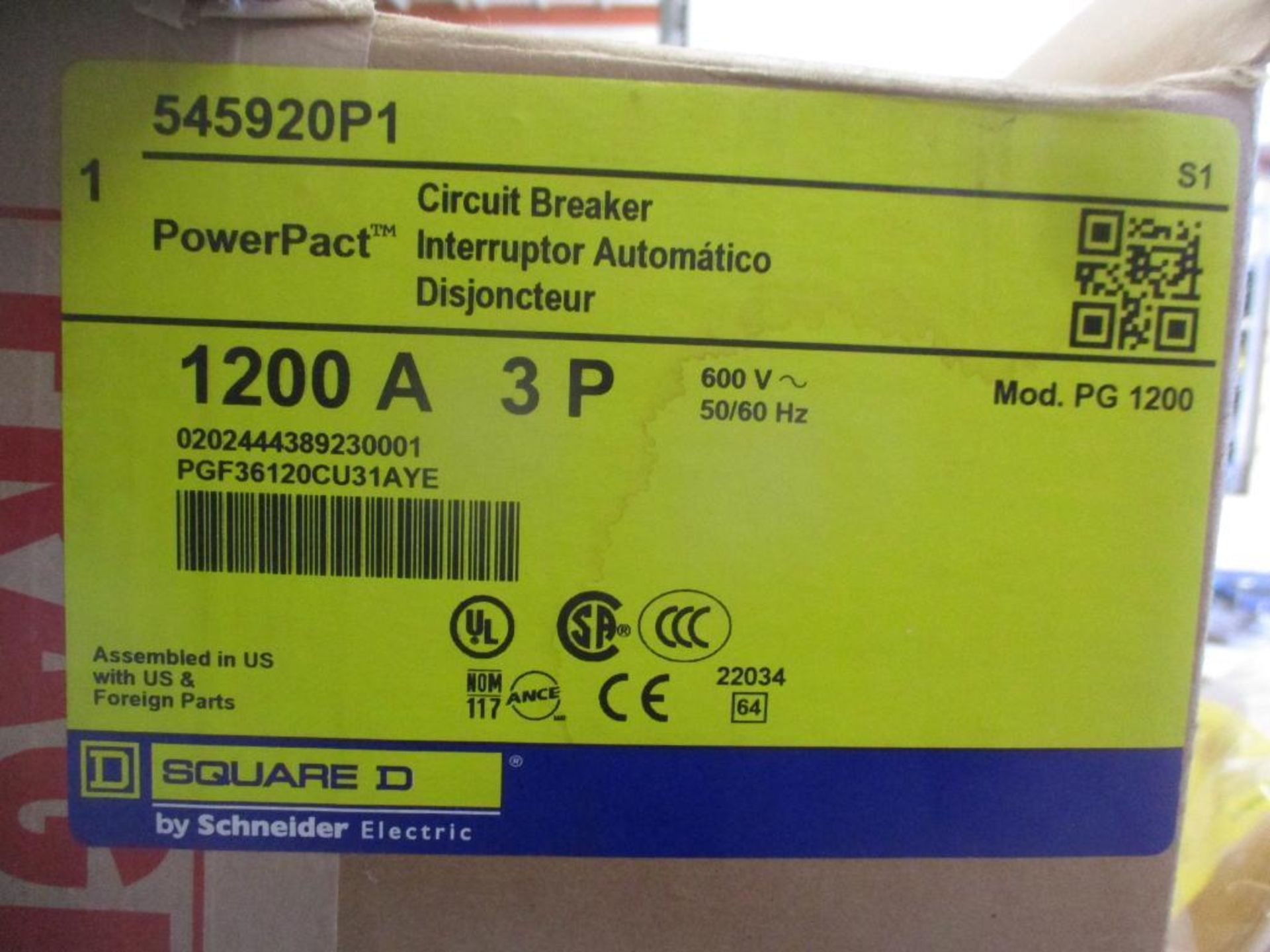 Square D 1200 AMP Circuit Breaker, 545920P1, 1200A,3P, 600VAC, PowerPacT PG 1200 (New in Box) - Image 4 of 5