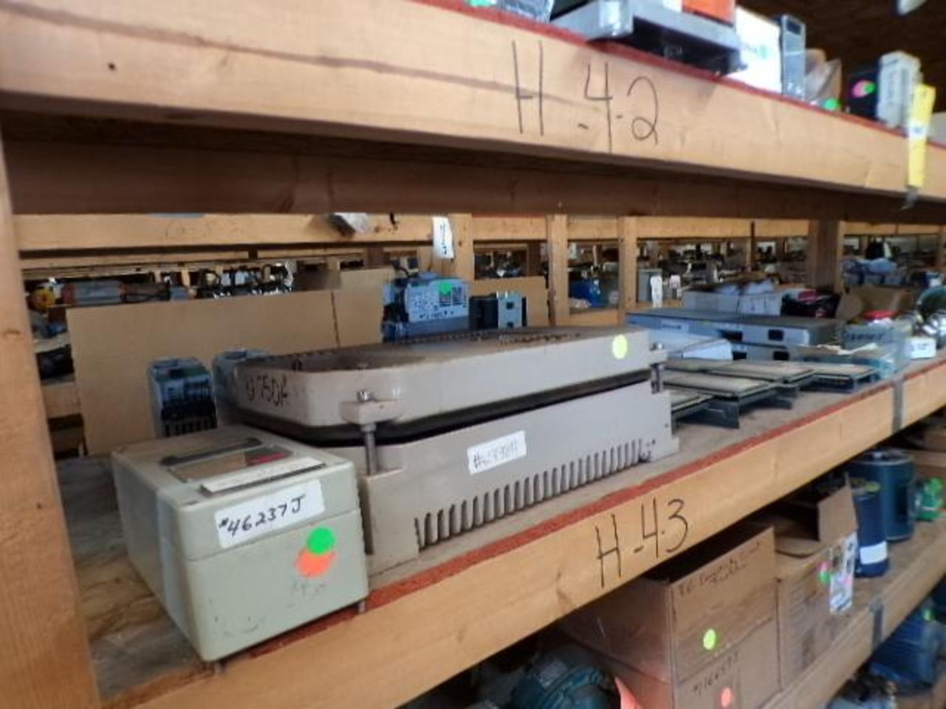 Contents of Shelf H-4-3 & H-5-3; Endcoders, Thermo Couples, Allen Bradley, Woods Controller, Westing