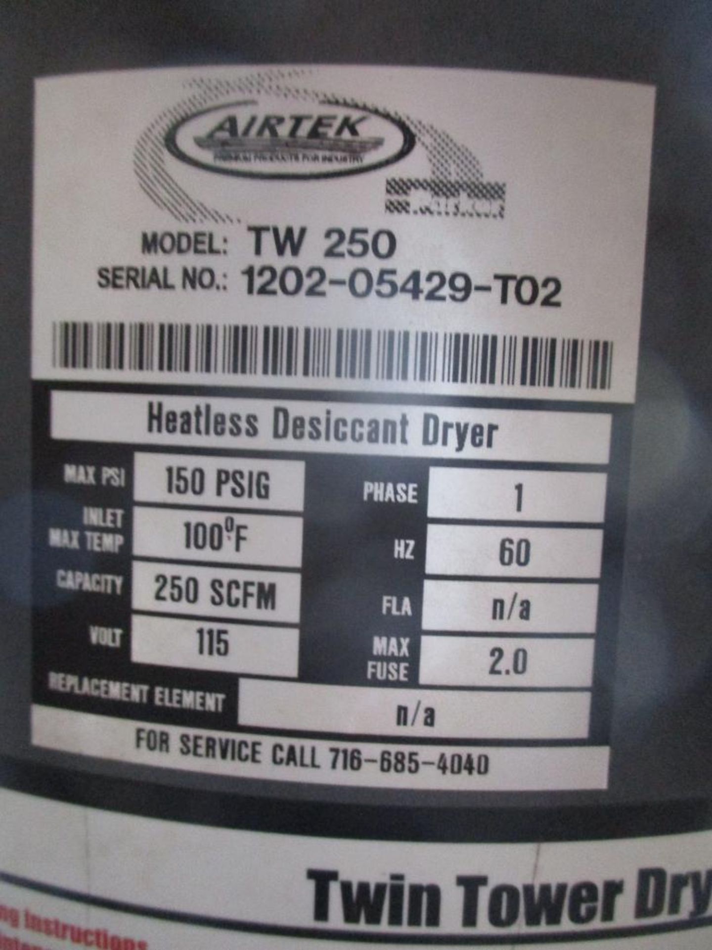 Airtek TW250 Twin Tower Dryer, Ma. PSI 150 PSIG, Cap. 250 SCFM, 115 V, 1-PH - Image 5 of 5