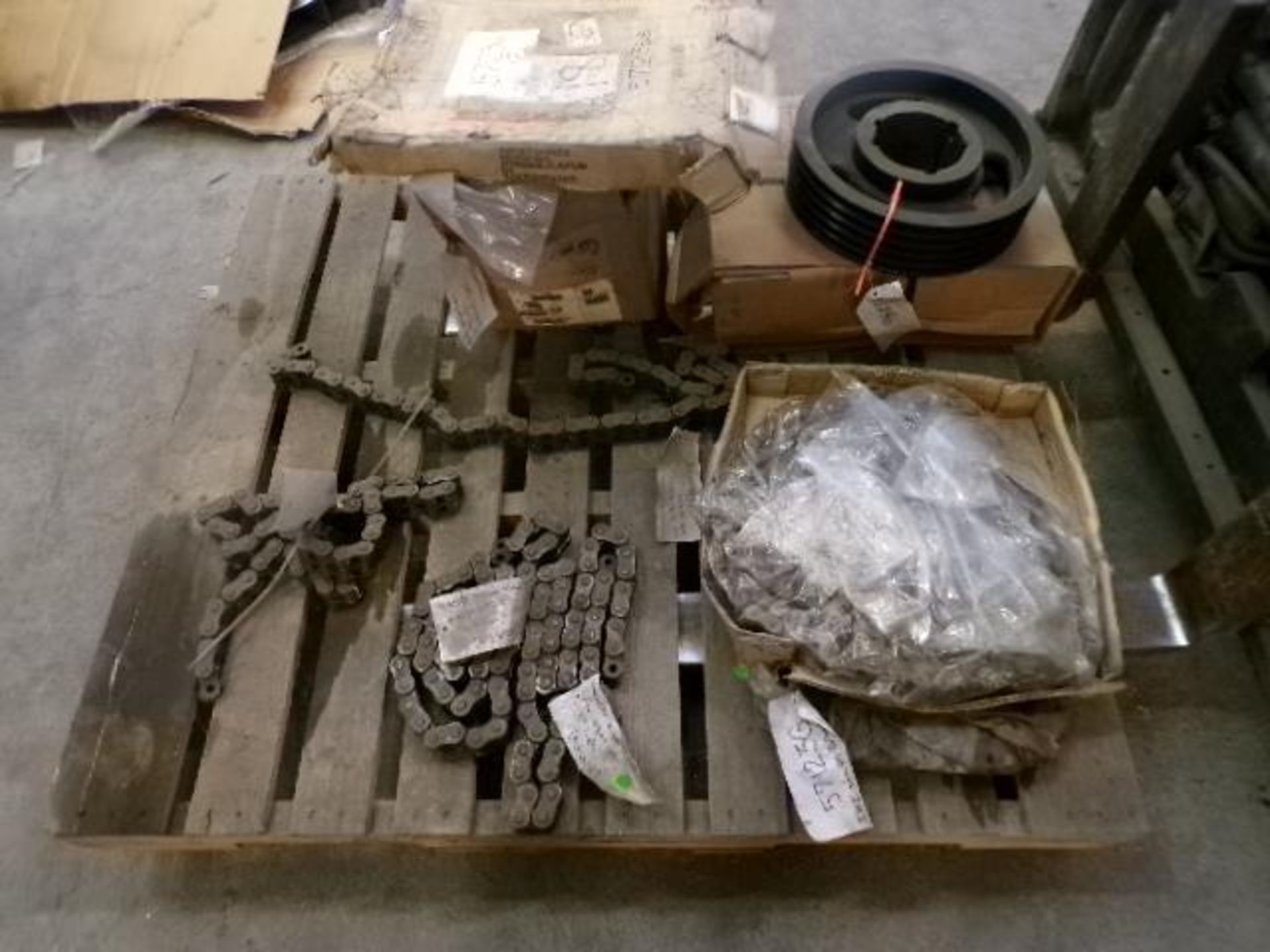 Pallet of Assorted Roller Chains & (1) Pulley (New)