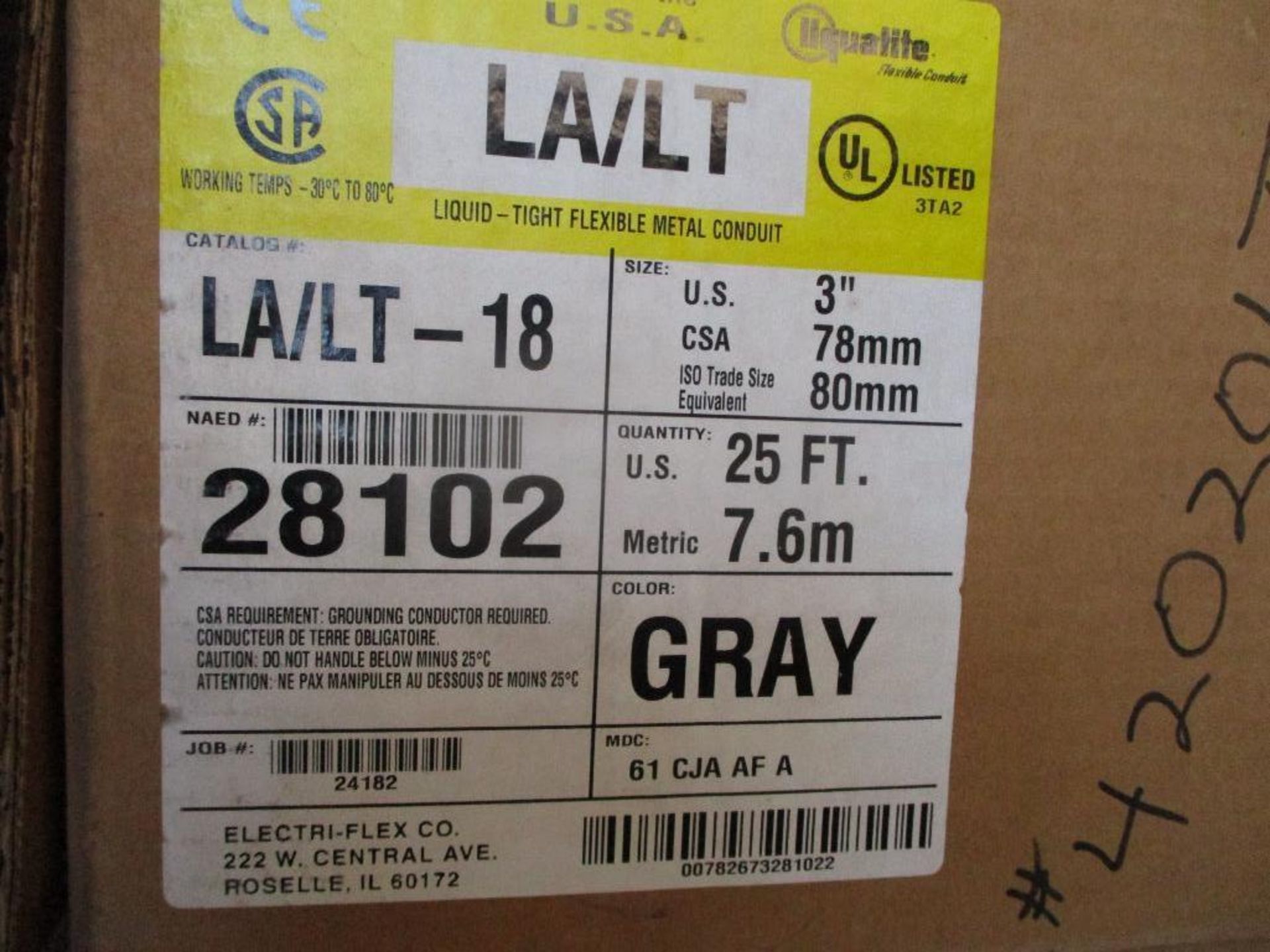 (5) Boxes of Liquatite 3" Flexible Metal Conduit, Gray, 25', Cat No. LA/LT-18 (New) - Image 2 of 4