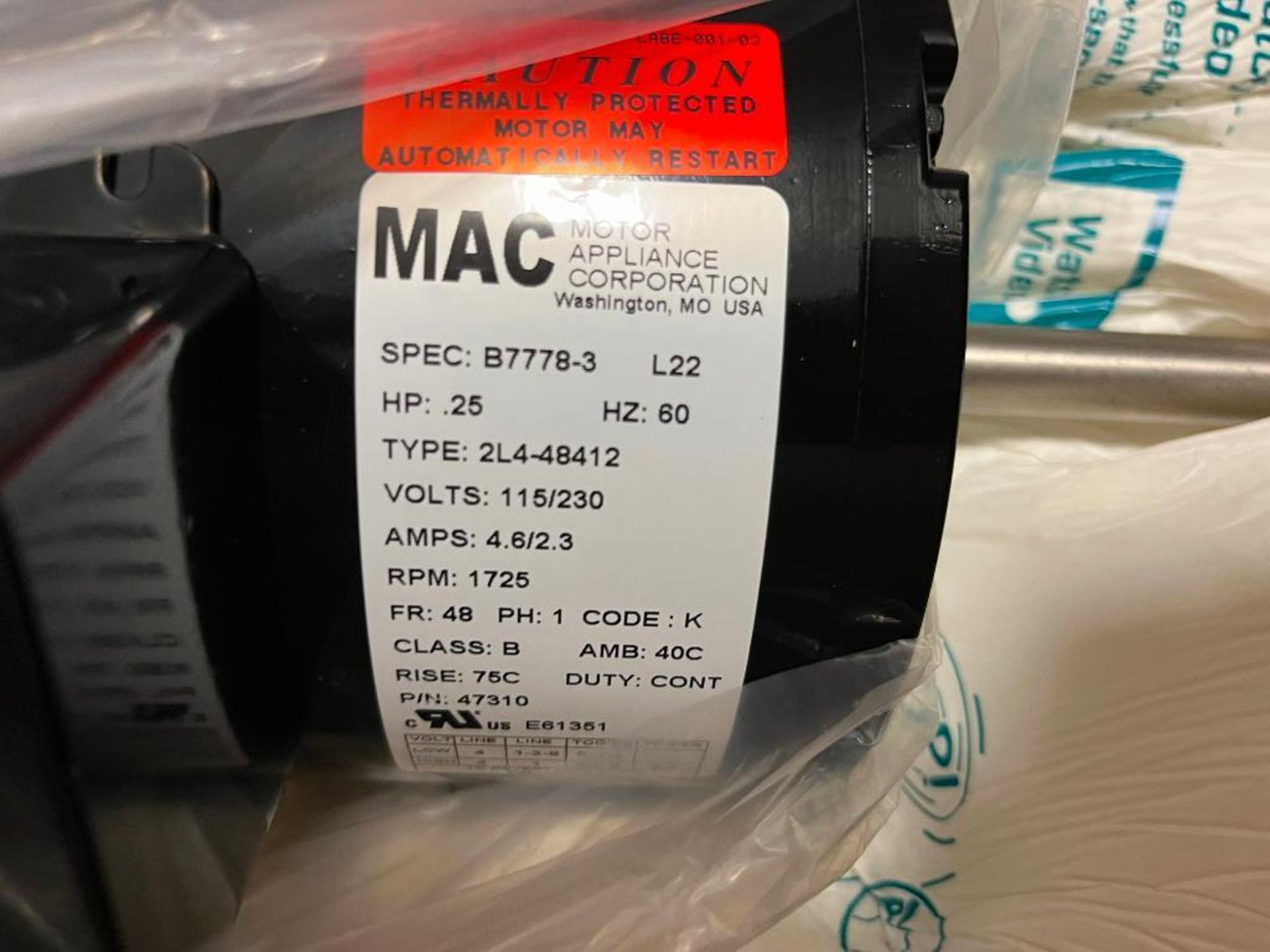 (2) (New) Mac Motors, Specification Number B7778-3, 1/4 HP, 60 HZ, 230 Volt, 4.6 A, 1725 Rpm, Single - Image 7 of 7