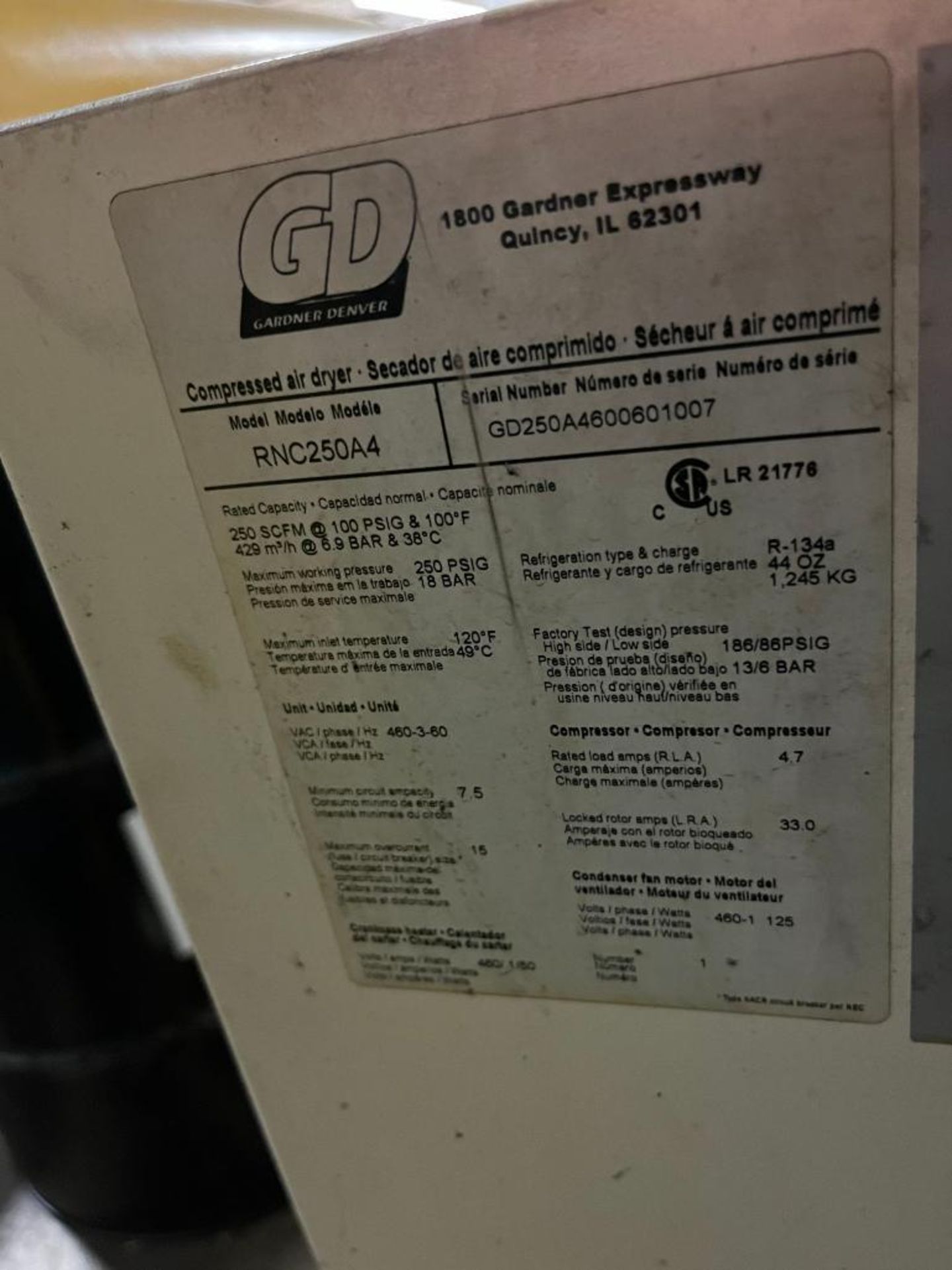 Gardner-Denver Refrigerated Air Dryer, Model RNC250A4, S/N GD250A4600601007, 250 SCFM, Refrigeration - Image 5 of 5