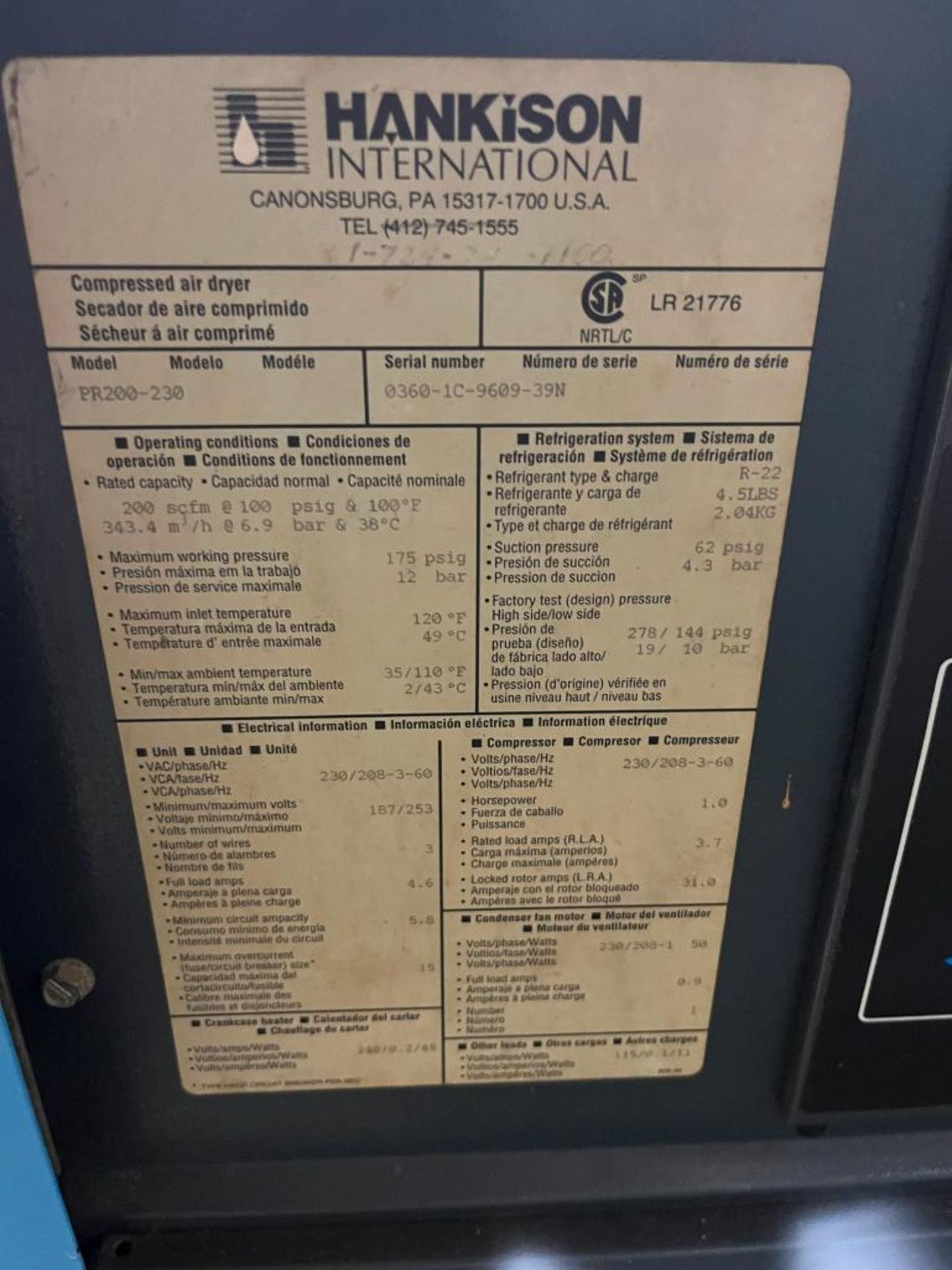 Hankinson Compressed Air Dryer, Model PR200-230, R-22 Refrigerant, 200 SCFM @ 100 PSI, 175 Max. PSI, - Image 5 of 5