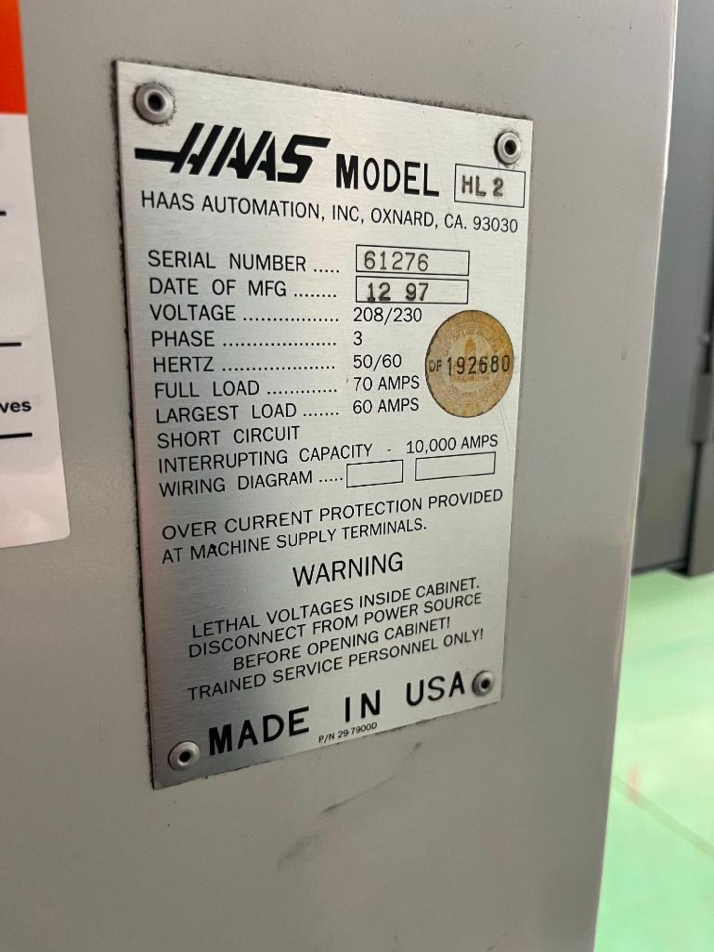 1997 Haas CNC Lathe, Model HL-2, S/N 61276, 3-Phase, 230 Volt, 3,750 RPM, 15 HP, 8" Chuck - Image 10 of 13