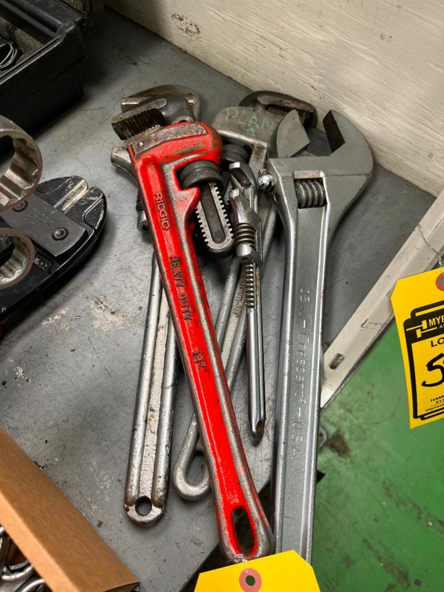 Assorted Pipe Wrenches, (1) 18" Adjustable Wrench, (1) H.K Porter Bolt Cutter
