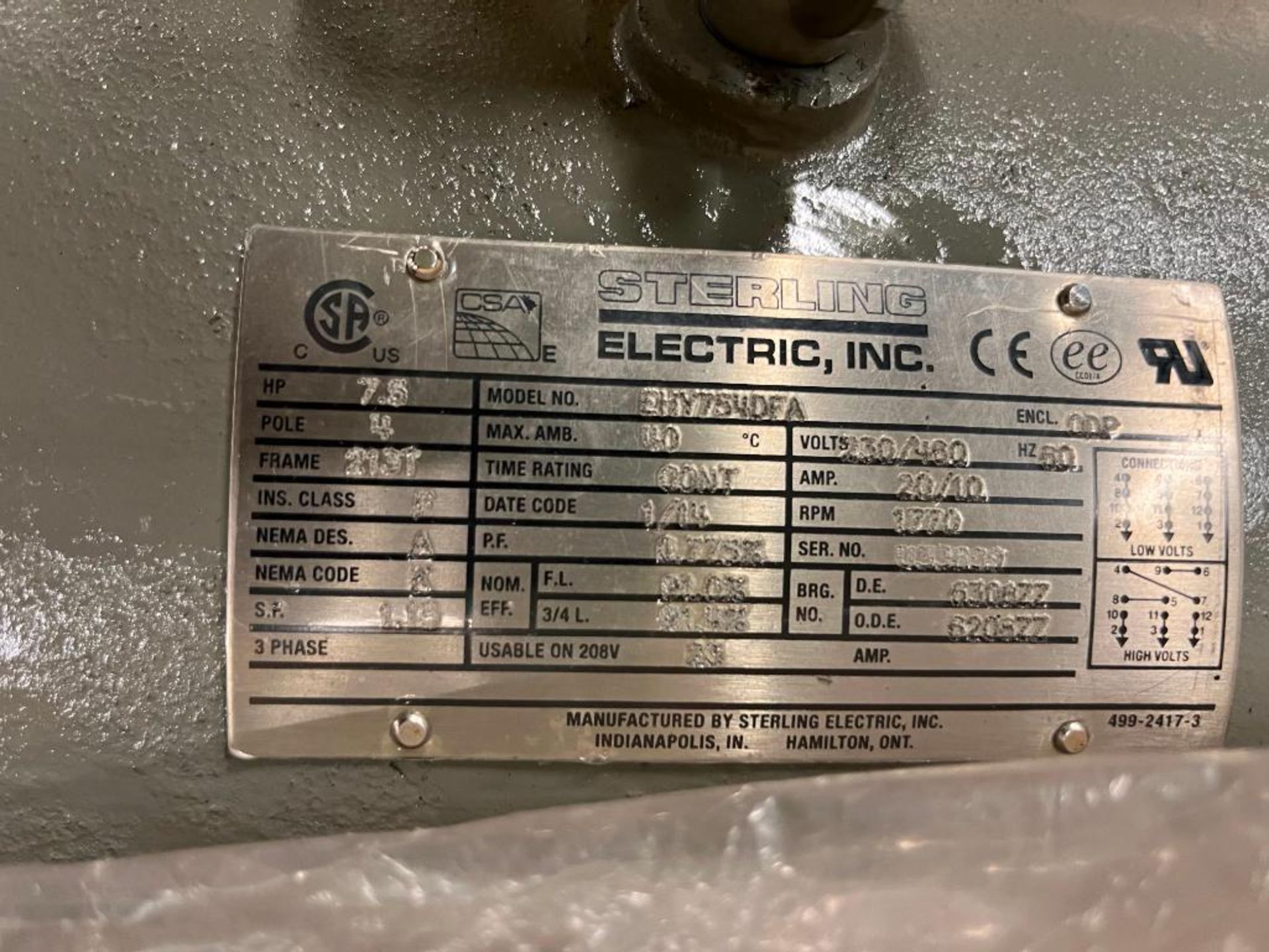 Sterling Electric Motor, Model EHY754DFA, 7.5 HP, 3-Phase, 1770 RPM, 480 Volt, 60 HZ, Frame: 213T - Image 3 of 3