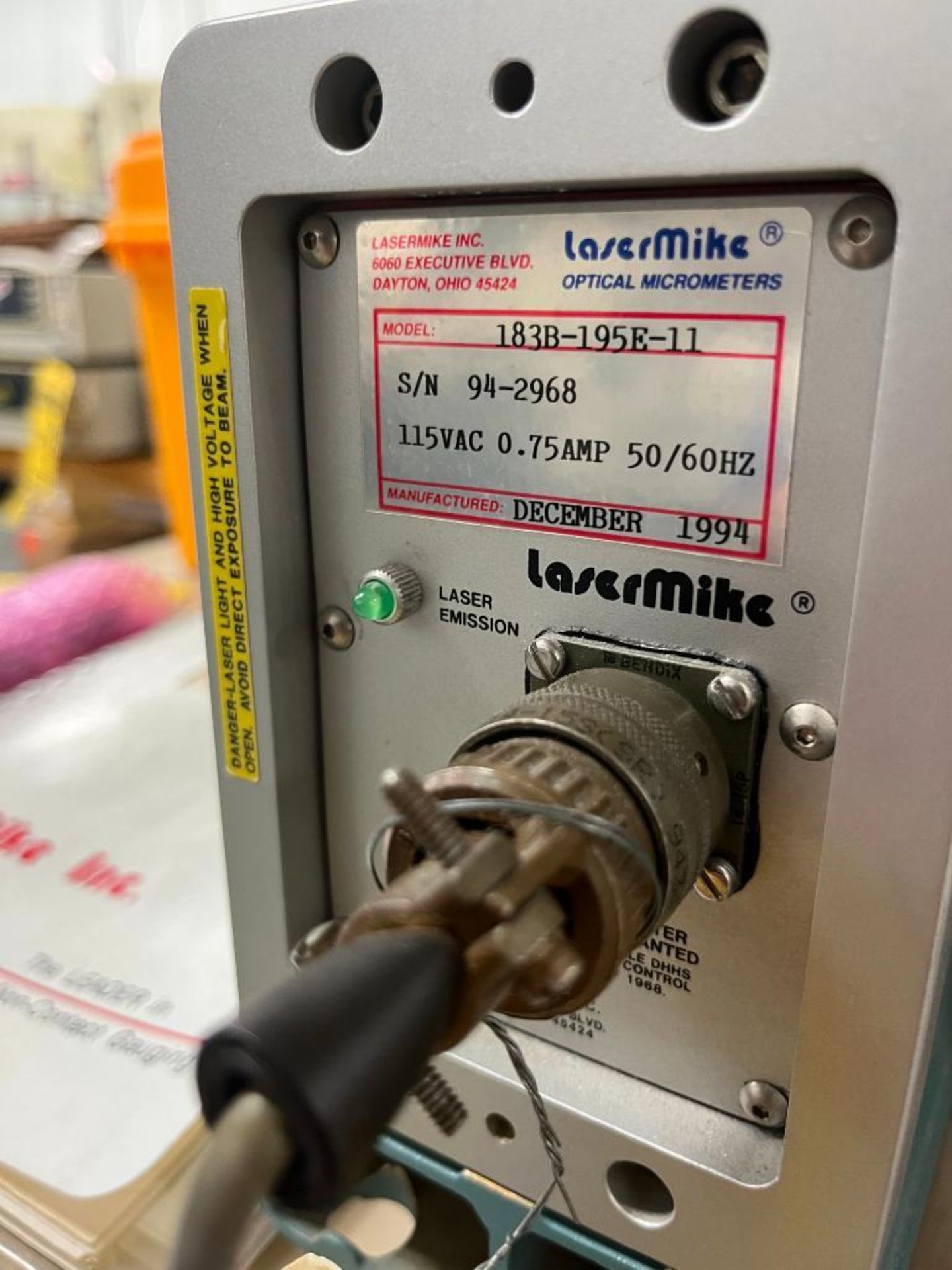 Lasermike 183-B Series Laser Micrometer, Model 183-B-195E-11, S/N 94-2968, 115 VAC, .75 A, 60 HZ - Image 5 of 5