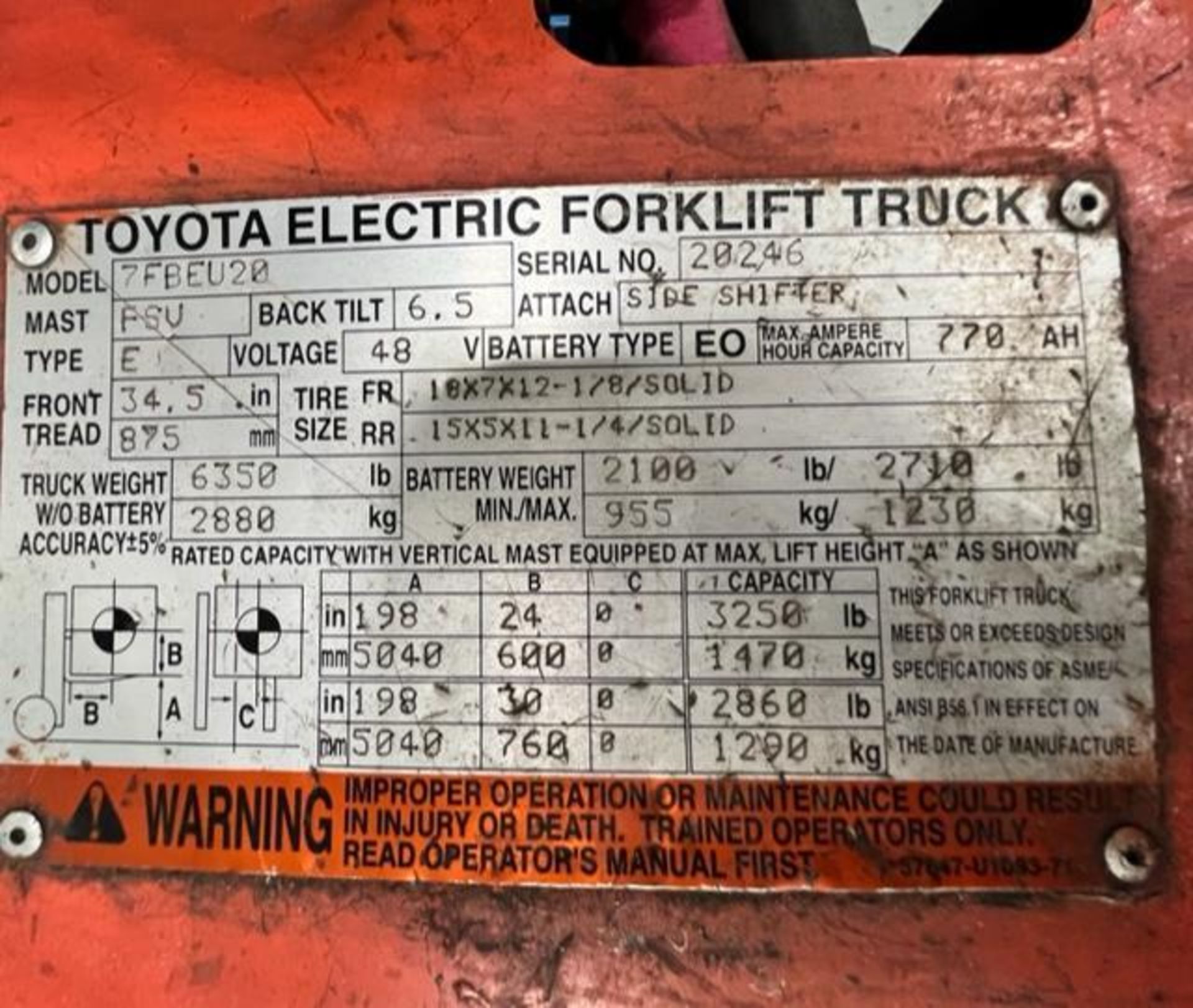 Toyota 3,000 LB. Electric Forklift, 3-Stage Mast, Solid Tires, Sideshift, Model 7FBEU20, S/N 20246, - Image 5 of 8