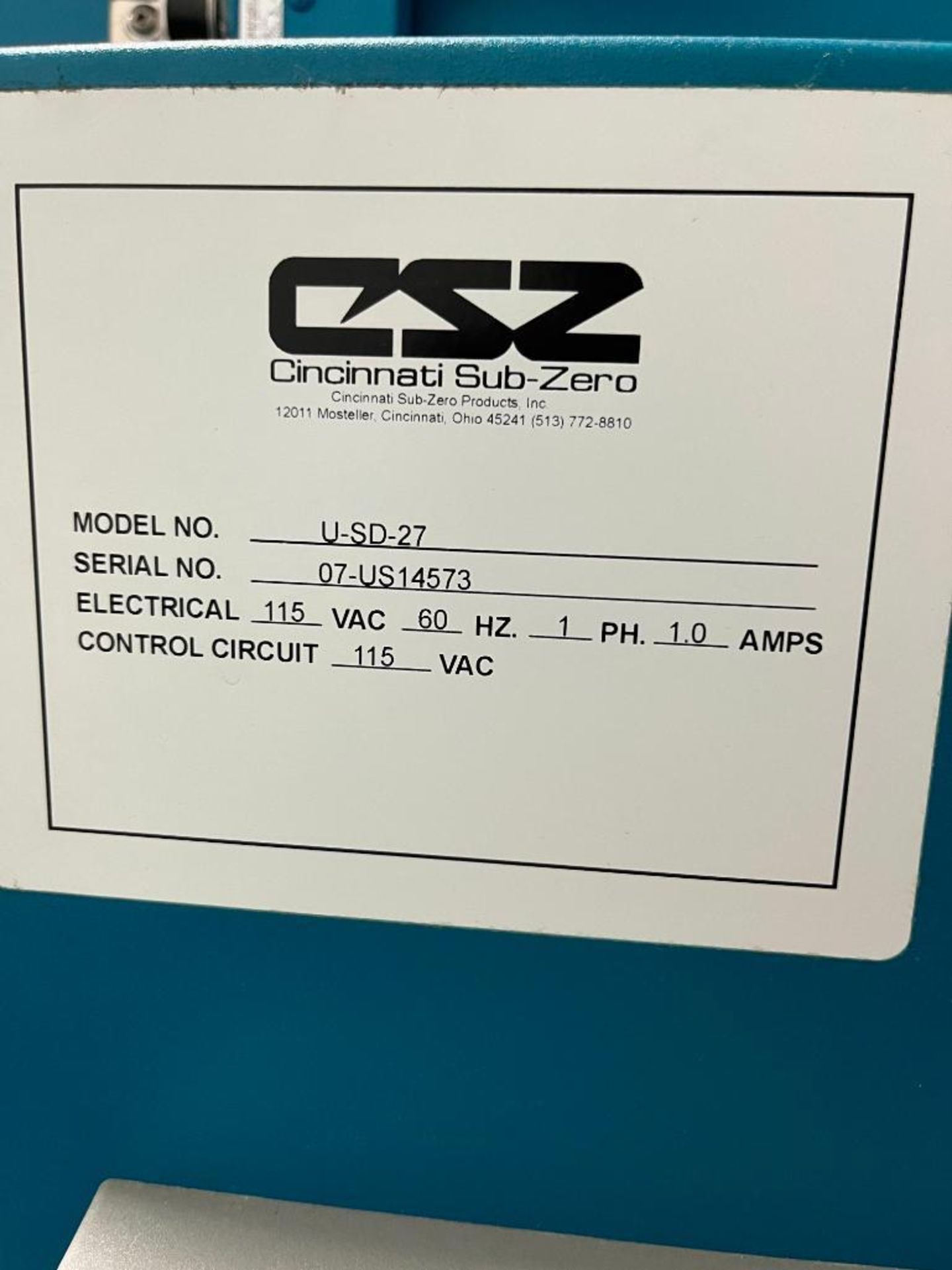 Cincinnati Sub-Zero U-SD-27 Dust Chamber, S/N 07-US14573, Gralab 173 Timer, 115V, 60HZ, 1PH, 1A - Image 7 of 7