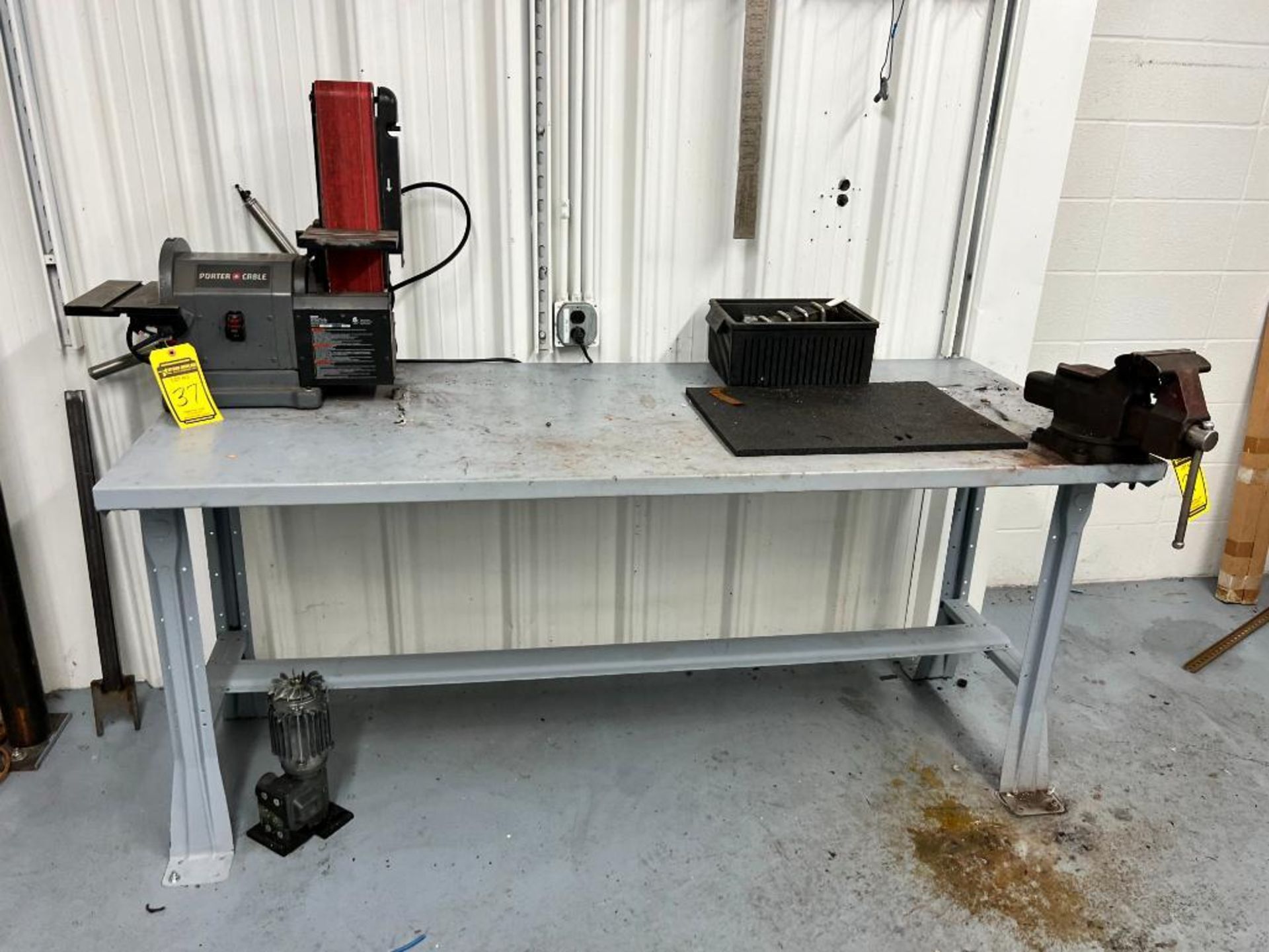 Metal Worktable w/ Mounted Porter-Cable PCB420SA Belt w/ 8" Disc Bench Sander, 4" X 36", & Craftsman