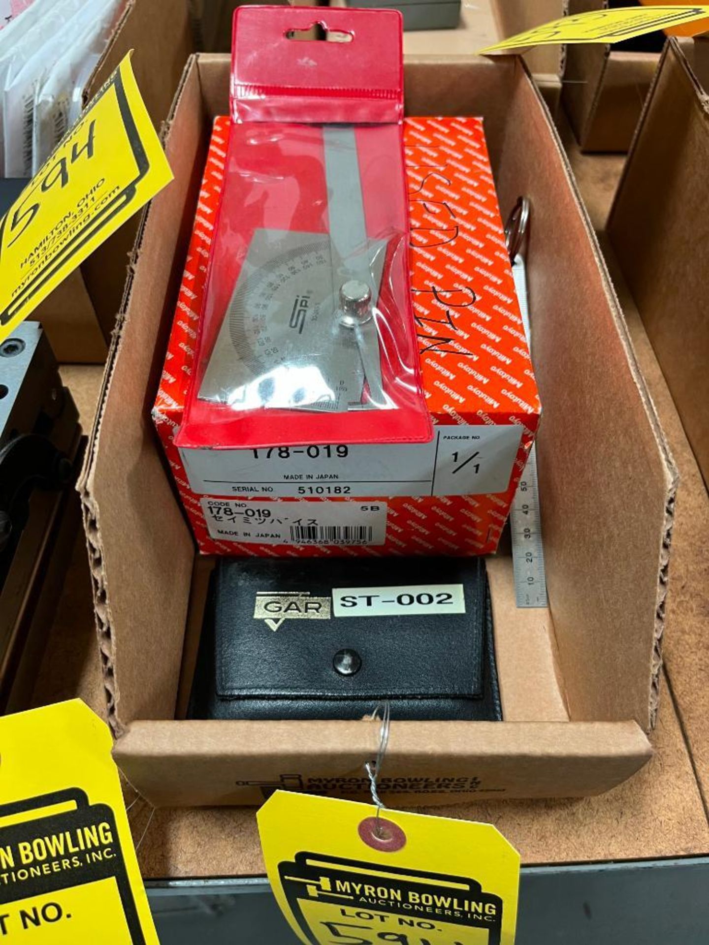 (2) Boxes of Pin Gages, SPI 30-393-3 Protractor, Glass Scale Reticles, Starrett Gage Blocks