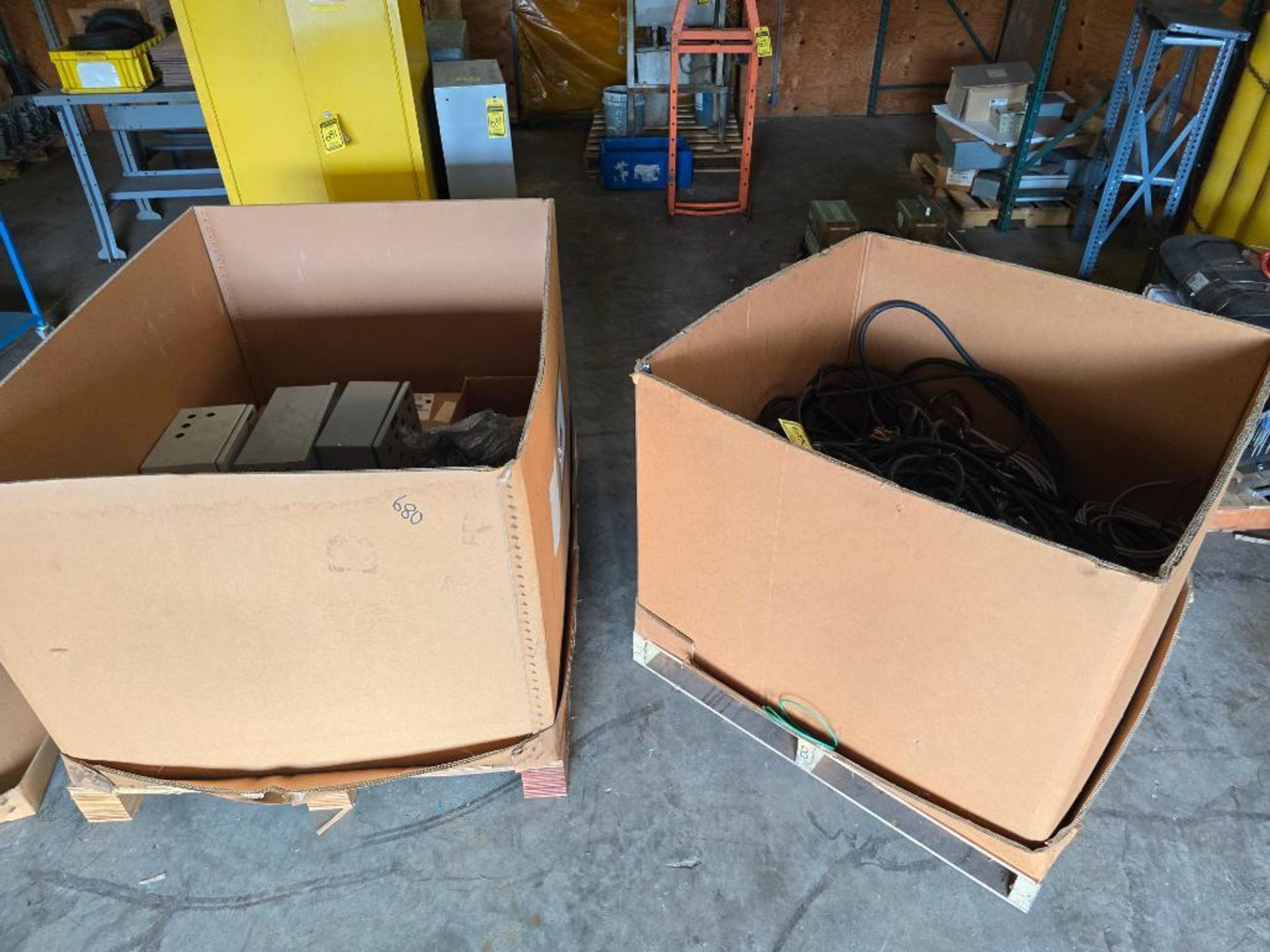 (2) Gaylord Boxes w/ Electrical Wire, Ethernet Cable, & Electrical Enclosures