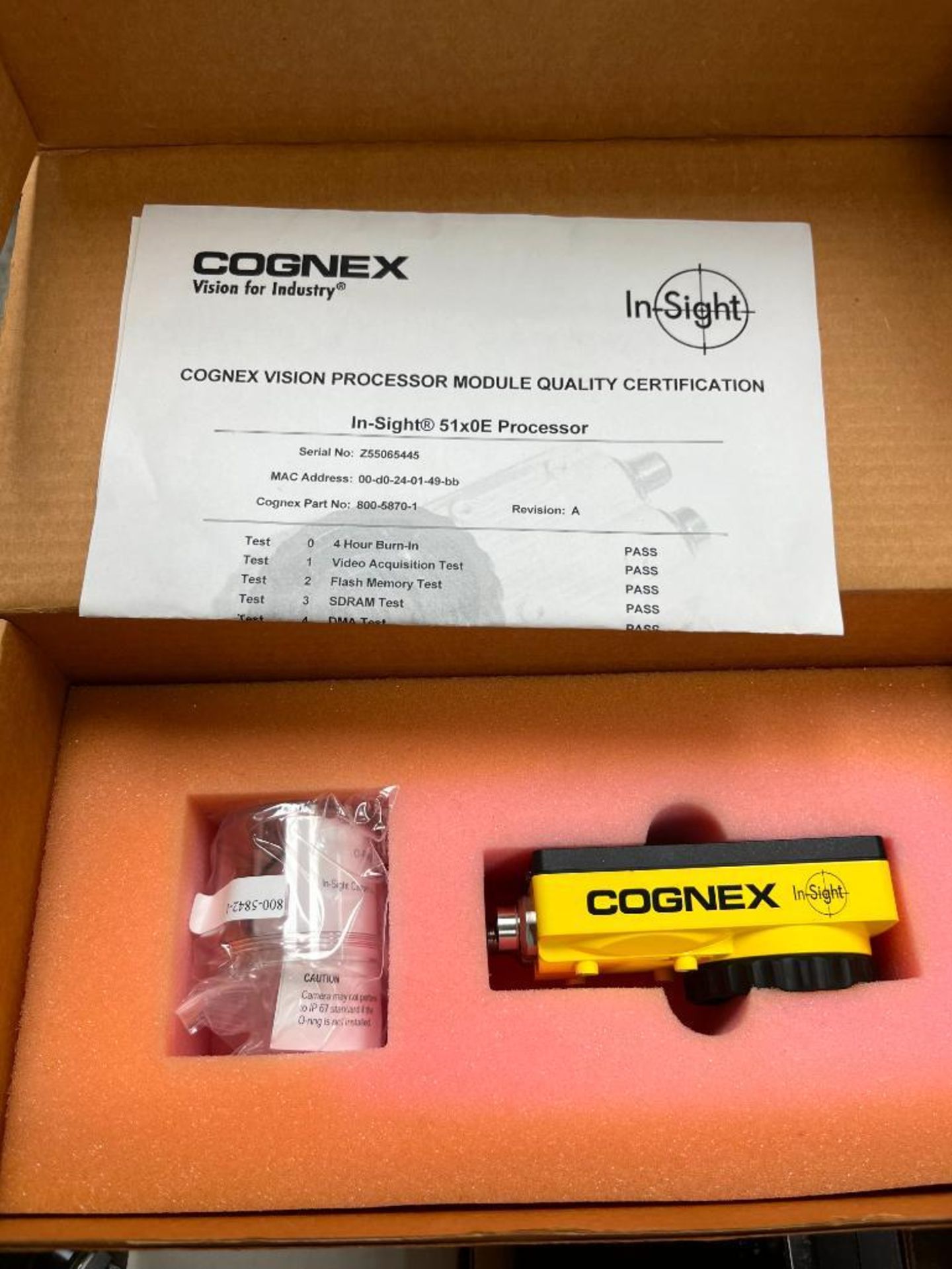 (1) Cognex In-Sight 51X0E Processor, S/N Z55065445, (1) Cognex In-Sight 1450 I/O Module, S/N P549178