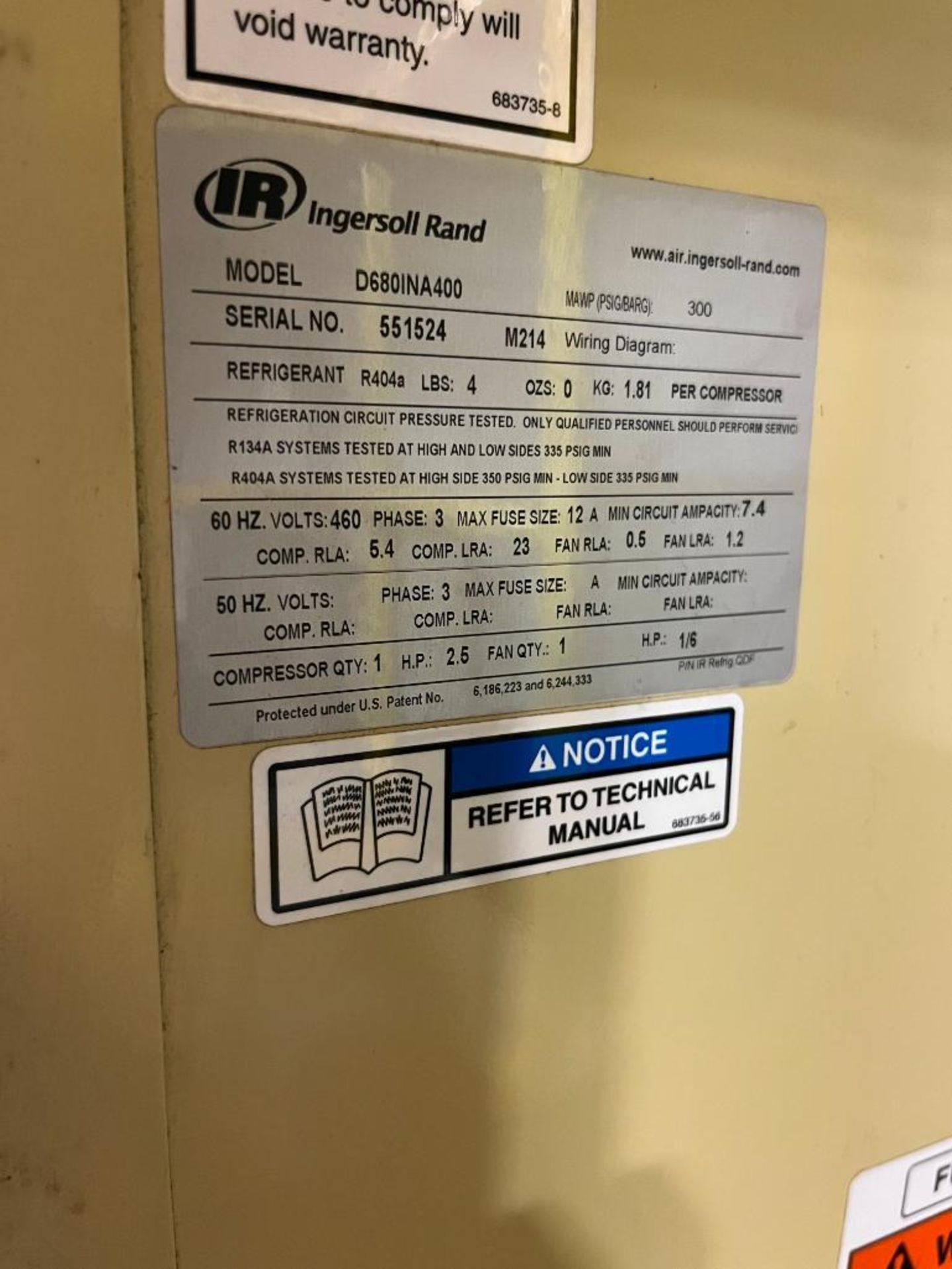Ingersoll-Rand Refrigerated Air Dryer, Model D680INA400, S/N 551524, 3 Phase, Refrigerant: R404a, 60 - Image 5 of 5