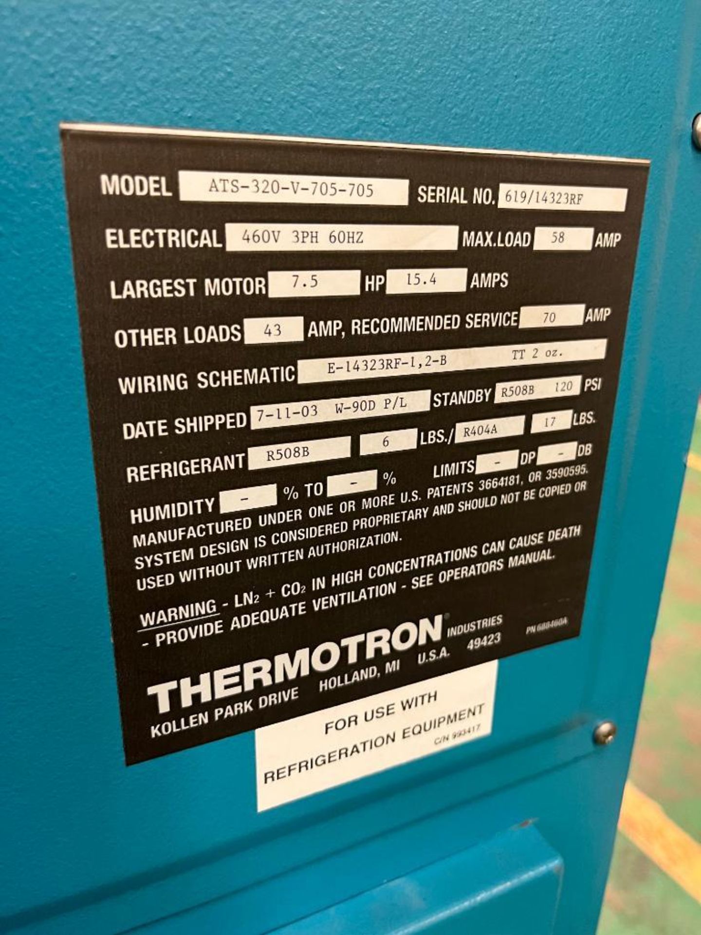 Thermotron Temperature Control Chamber, Model ATS-320-V-705-705, S/N 619/14323RF, 3-Phase, 460 Volt, - Image 9 of 9
