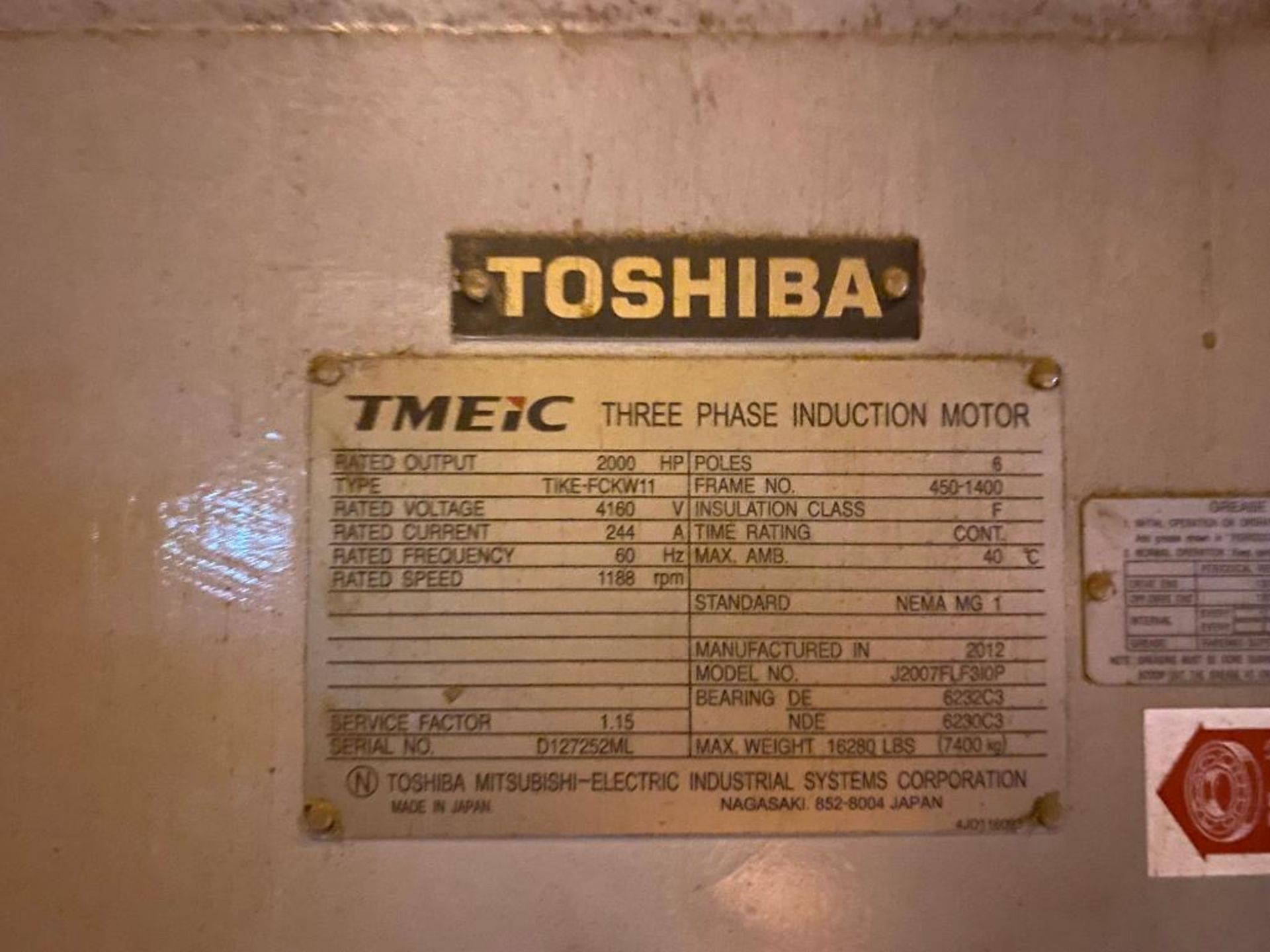 Toshiba TMEIC 2000 HP Electric Motor, Rated Voltage 4160, 1188 RPM, 60 Hz, Type TIKE-FCKW11, Frame 4 - Bild 2 aus 3
