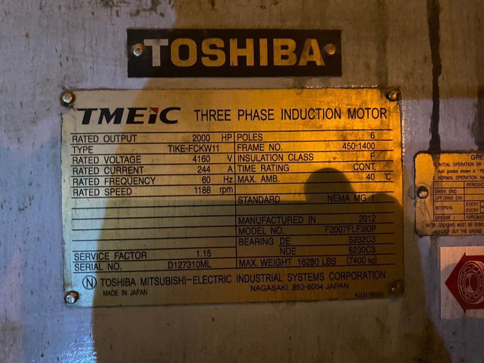 Toshiba TMEIC 2000 HP Electric Motor, Rated Voltage 4160, 1188 RPM, 60 Hz, Type TIKE-FCKW11, Frame 4 - Image 3 of 4