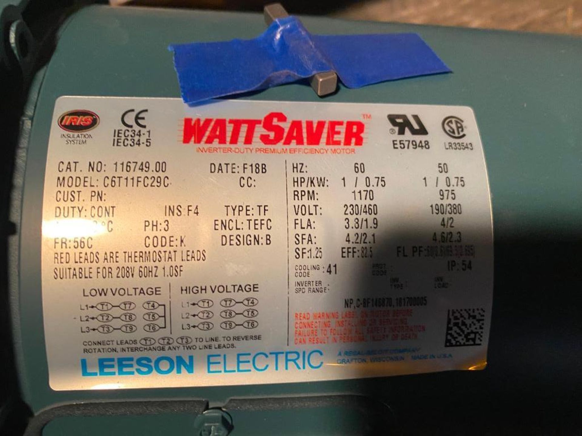 (3) Electric Motors; (1) Leeson Watt Saver 1 HP, 230/460 V, 3-PH, 1170 RPM, 56C Frame, (1) Reliance - Image 5 of 5