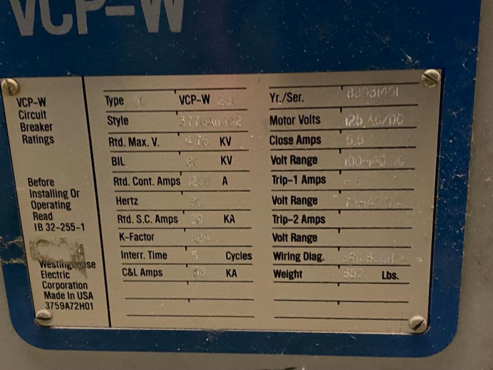 (2) Westinghouse Breakers, Westinghouse Vacuum Circuit Breaker, VCP)-W 250, 100-140 DC, Style 3776A1 - Image 3 of 4