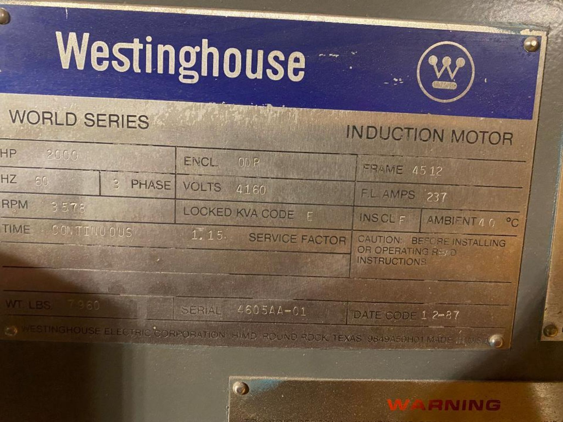 1987 Westinghouse 2000 HP Turbine, 3 PH, 4160 V, 4512 Frame, S/N 460SAA-01, 3578 RPM (Located on sec - Image 2 of 2