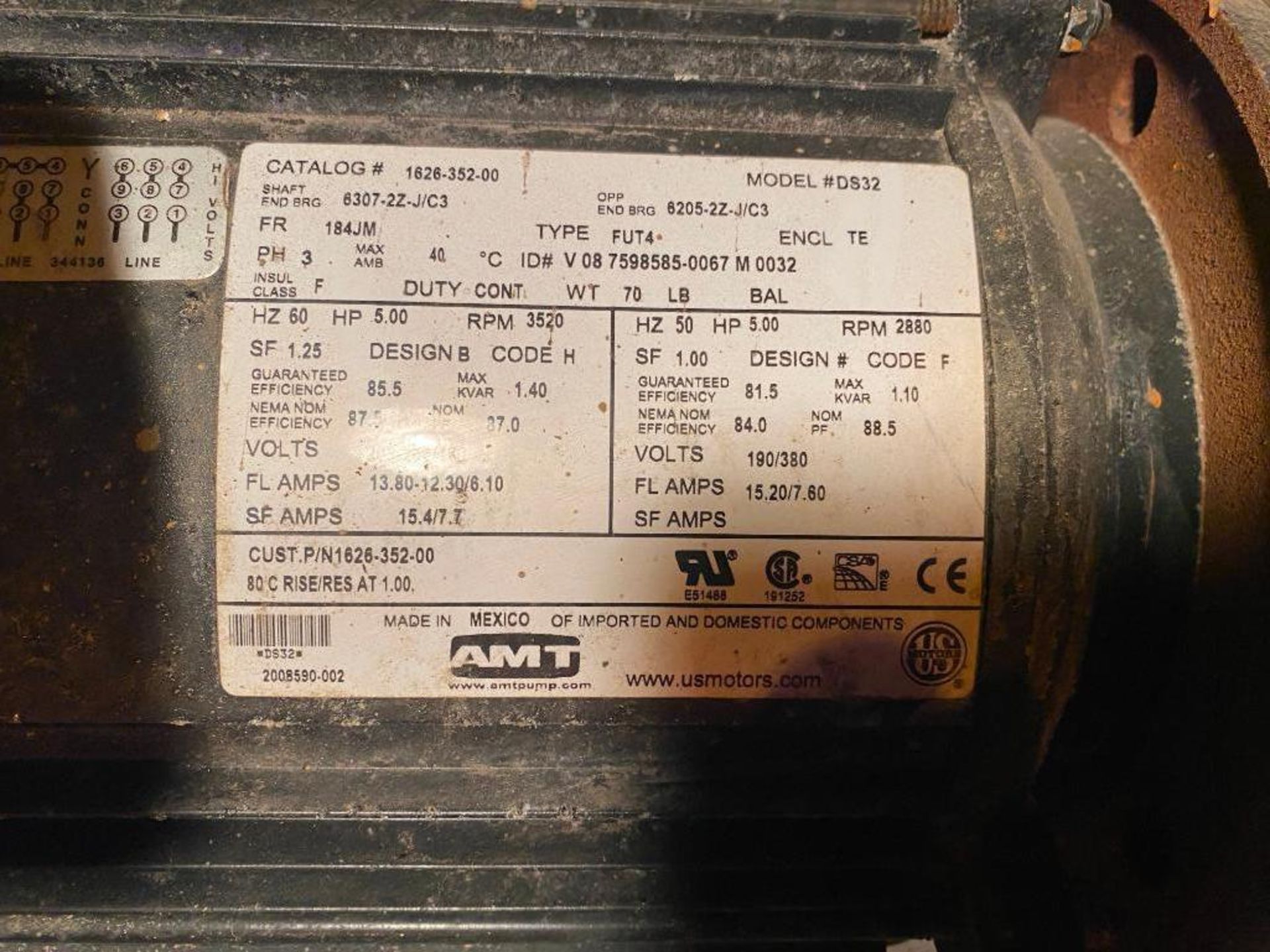 AMT 5 HP Electric Motor w/ Pump, 208-230/460 V, 60 Hz, 190/380 V, 50 Hz, 3520/2880 RPM, Model DS32 - Image 2 of 2