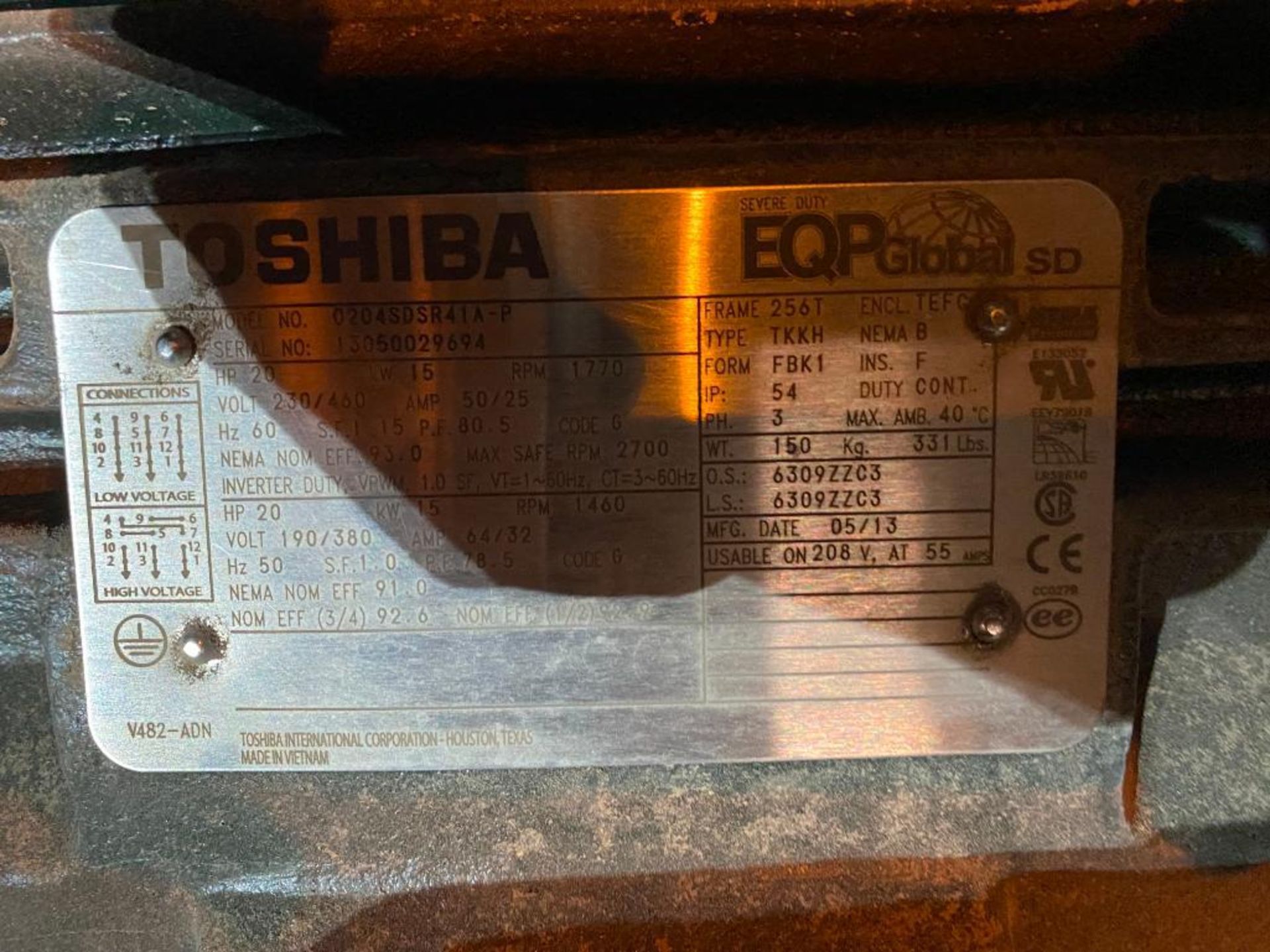 Toshiba 20 HP Electric Motor, 230/460 V, 3-PH, 1770 RPM, 256T Frame - Image 2 of 2