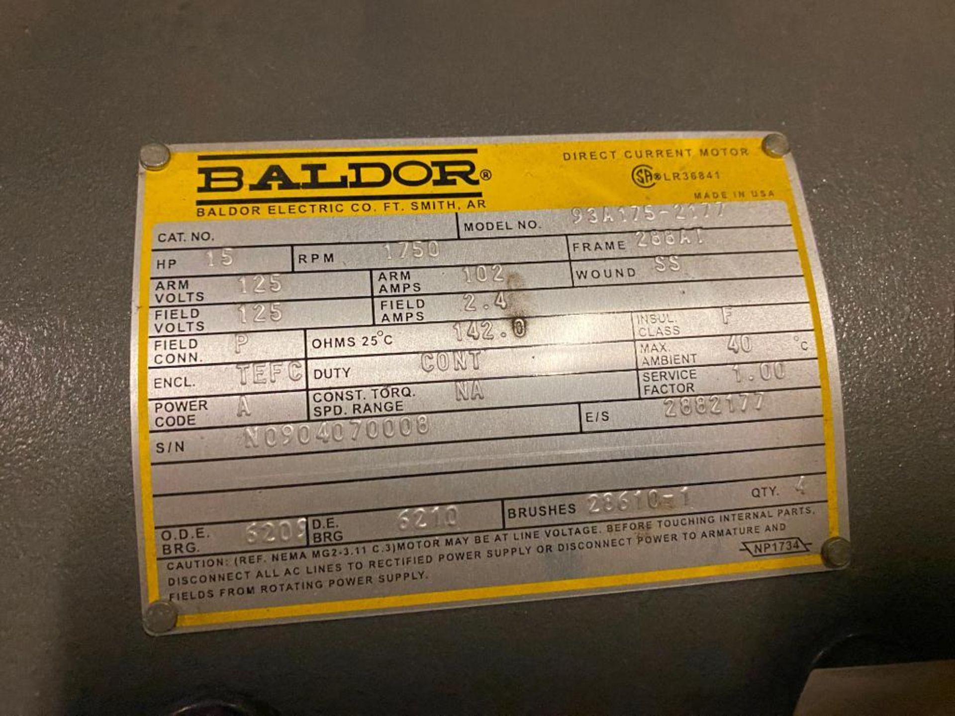 Baldor 15 HP Electric Motor, 125 Field Volts, 1750 RPM, 288AT Frame - Image 2 of 2