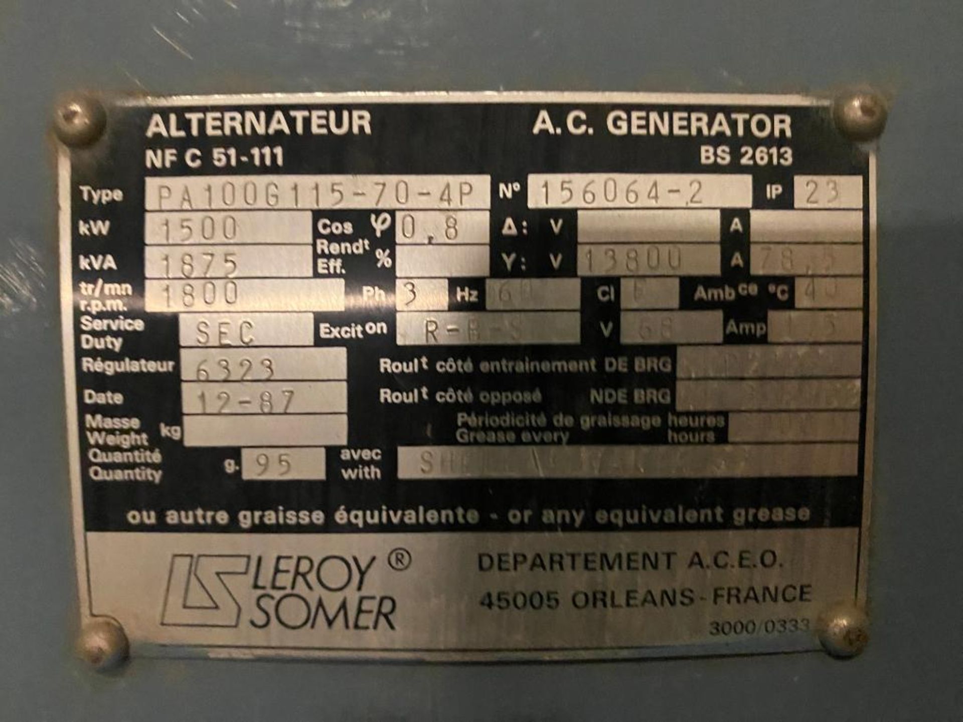 1990 LeRoy Somer 1875 KVA Generator, Type PA100G115-70-P4, w/ Mitsubishi 16-Cylinder Diesel, Model S - Image 6 of 13