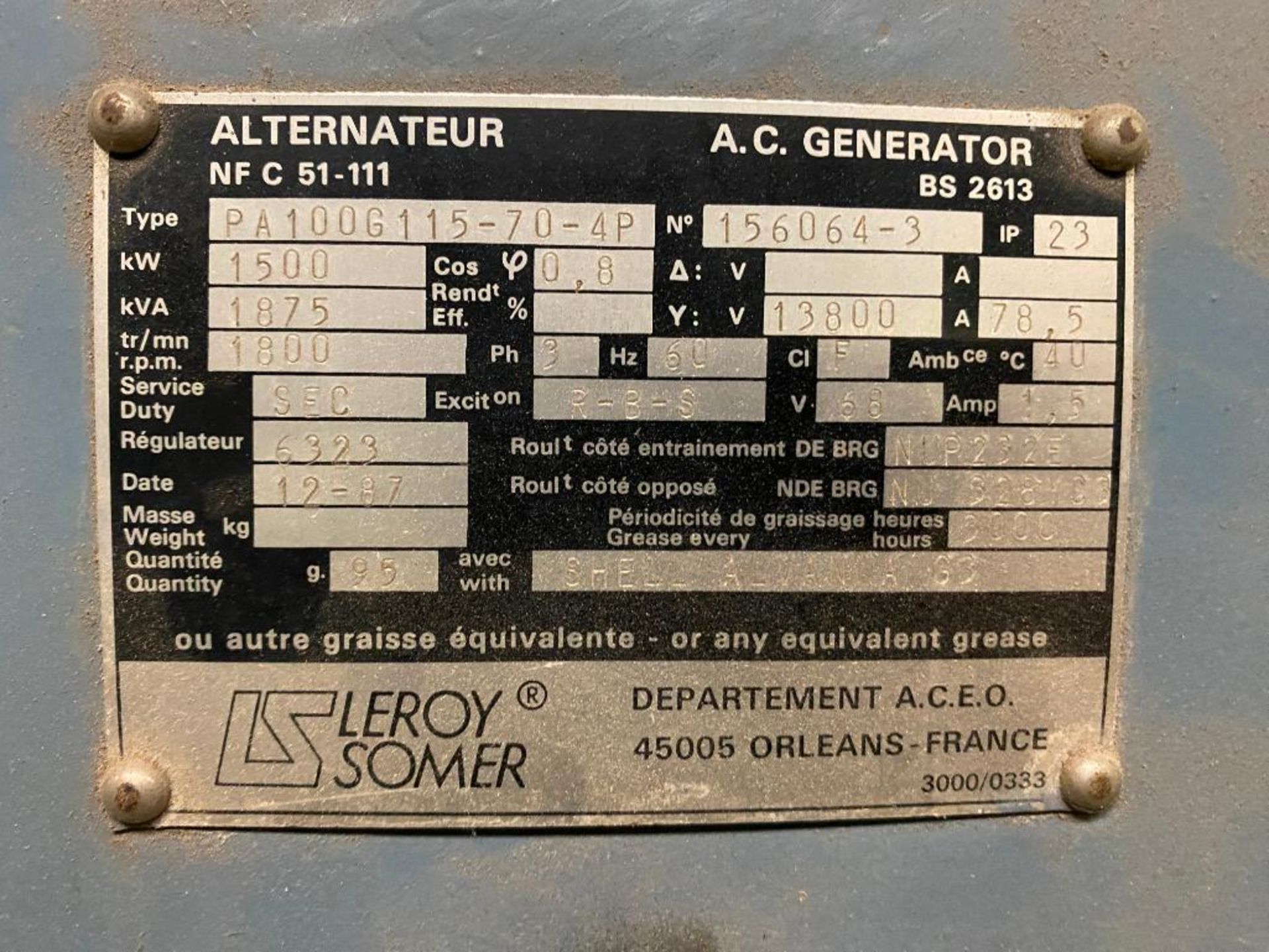 1985 LeRoy Somer 1875 KVA Generator, Type PA1006115-70-4P, w/ Mitsubishi 1700 HP Diesel 16-Cylinder, - Bild 2 aus 12