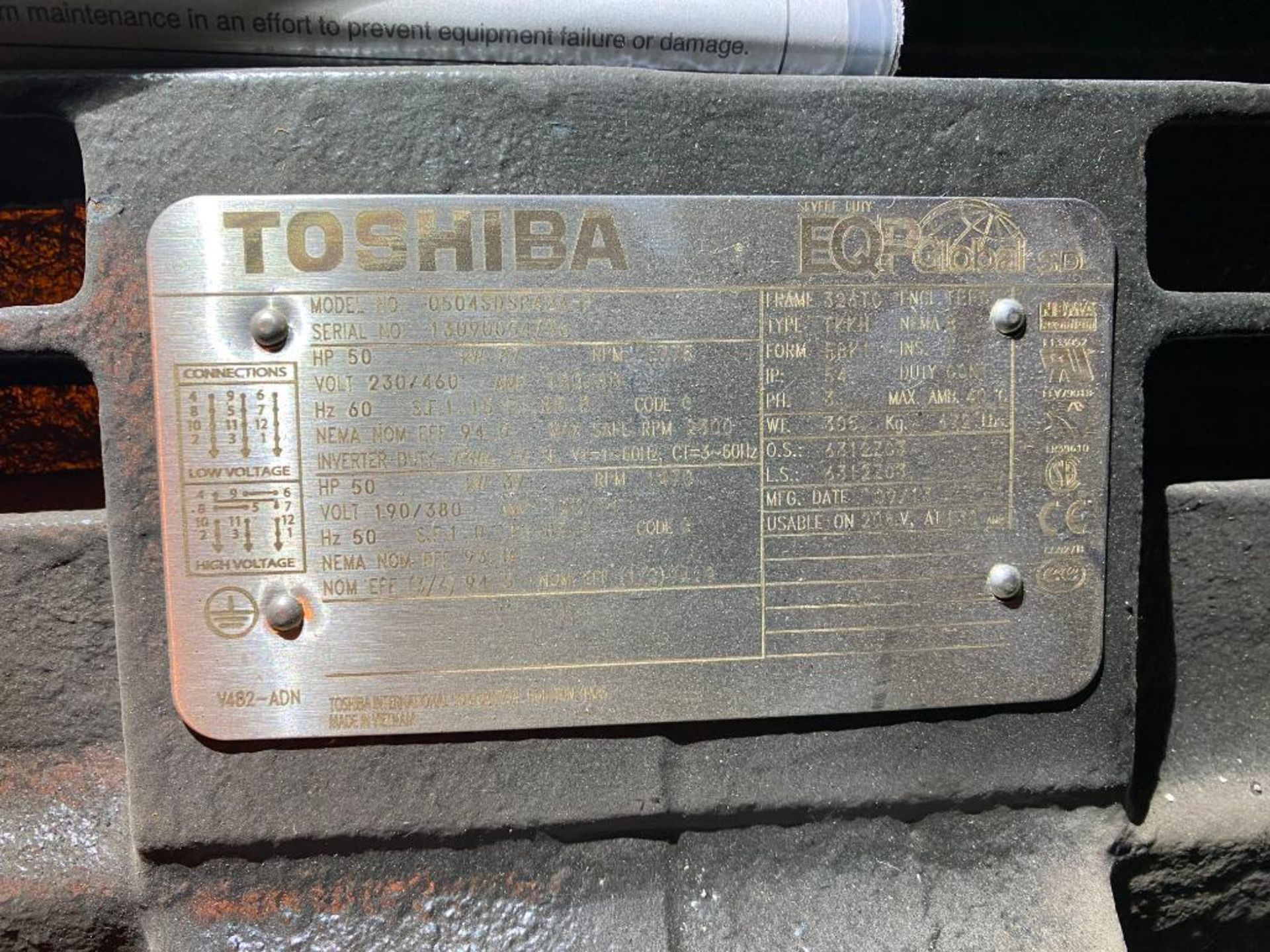 Toshiba 50 HP Electric Motor, 230/460 V, 3-PH, 1775 RPM, 326TC Frame - Image 3 of 3