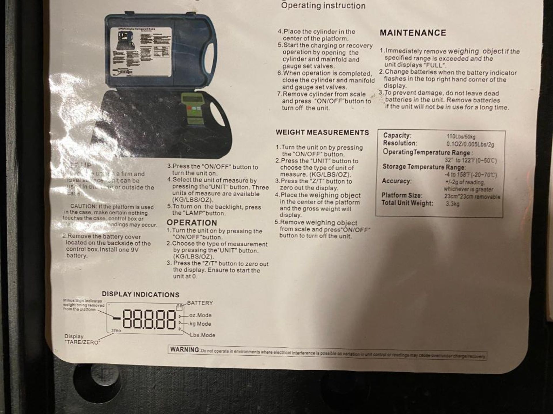 5PWF8 Digital Refrigerant Scale, 110 LB. Cap. - Image 2 of 2