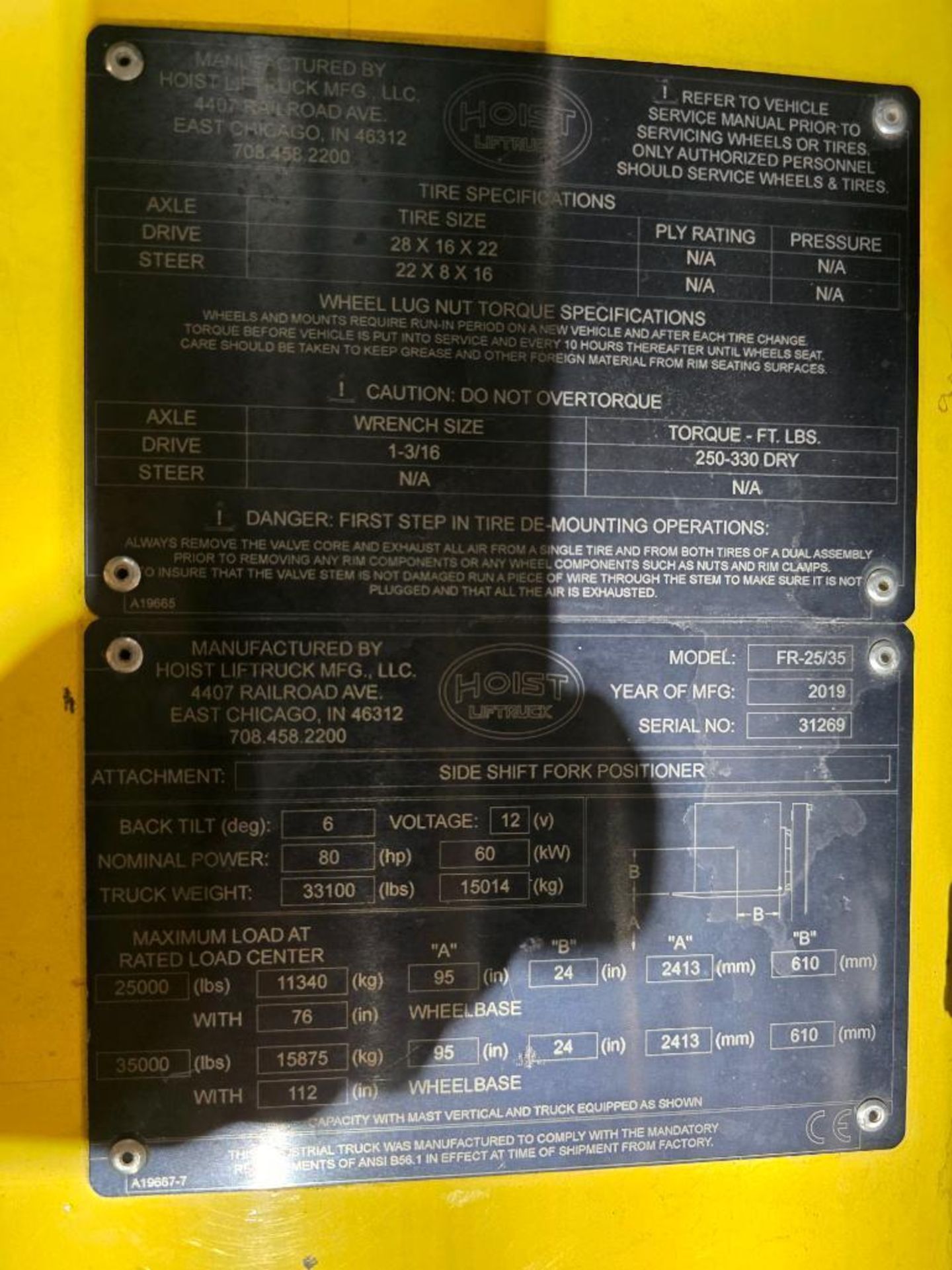 2019 Hoist 35,000-LB Capacity Extendable Forklift, Model FR 25/35, S/N 31269, LPG, w/ Extendable Boo - Bild 11 aus 24