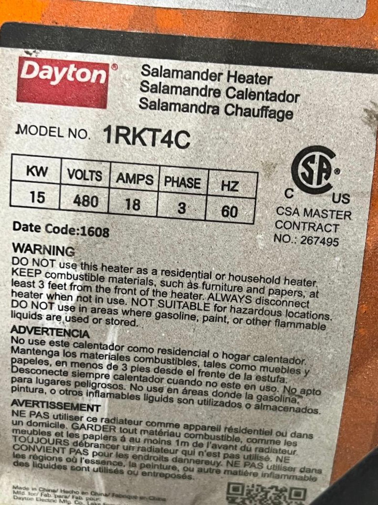 Dayton Salamander Heater, Model 1RKT4C - Image 3 of 3