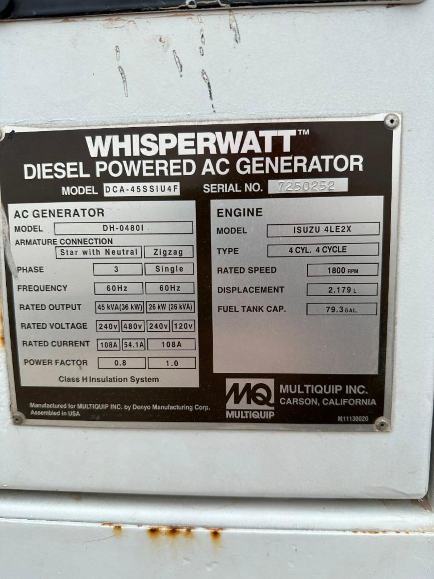 Multiquip Whisperwatt Diesel Powered AC Generator, 45 KVA, Trailer Mounted, Model DCA-45SSIU4F, S/N - Image 3 of 5