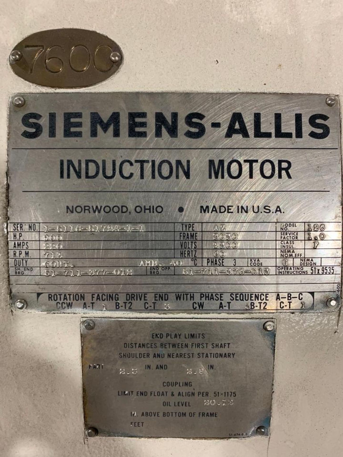 Siemens-Allis 900-HP Electric Motor, 713 RPM, 2300 V, 3 Phase, FR: 3030 - Image 3 of 3