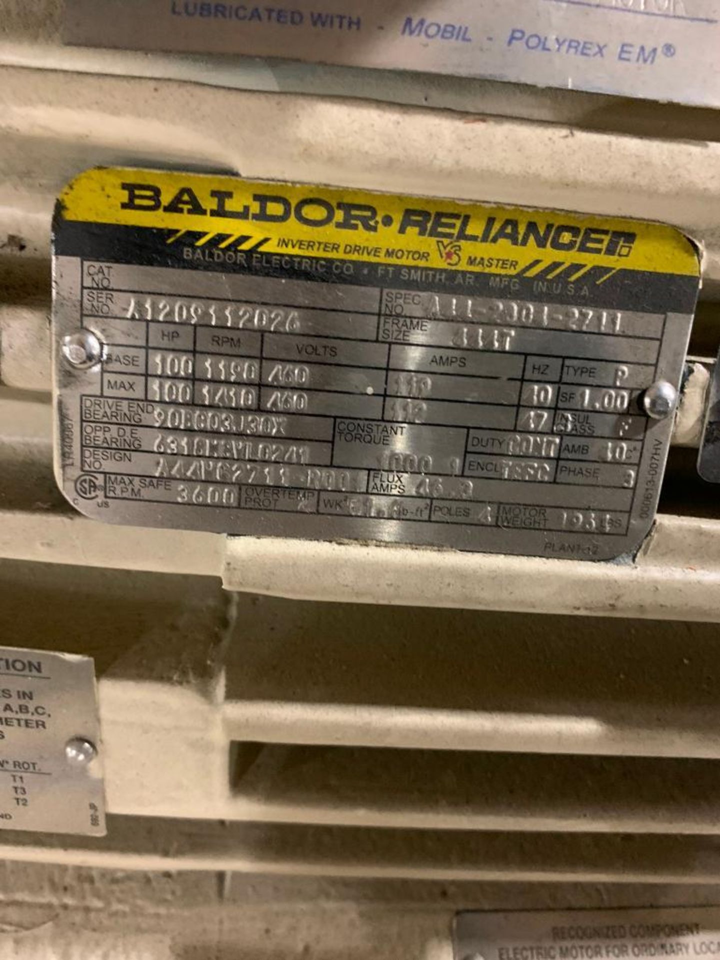 Baldor 100-HP Electric Motor, 1190/1410 RPM, 460 V, 3 PH, FR: 444T - Bild 3 aus 3