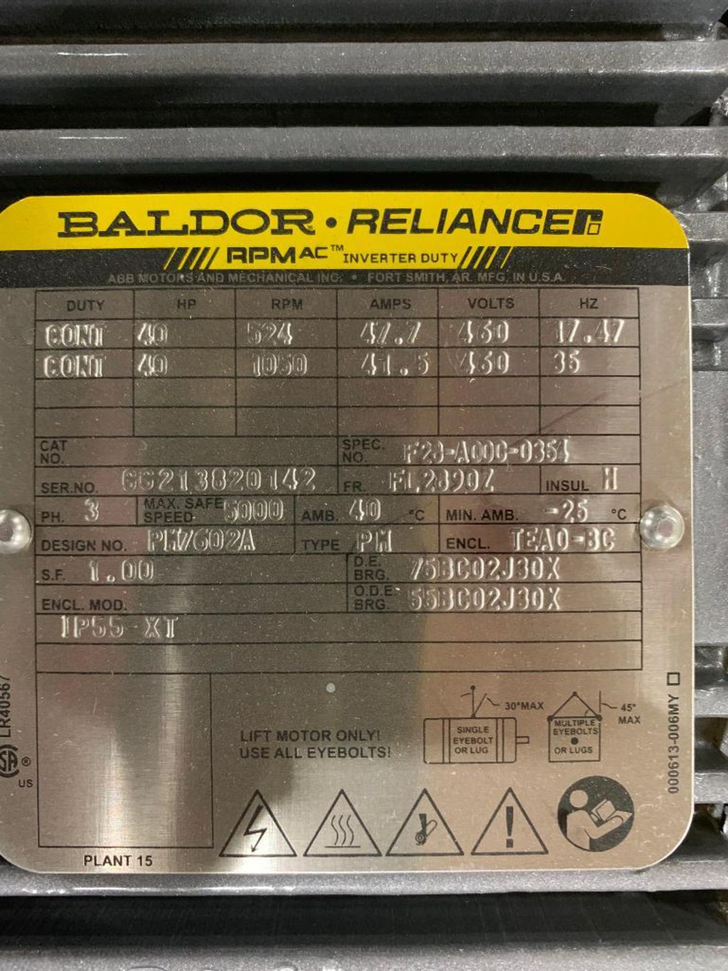 Baldor 40-HP A/C Motor, 524 RPM, 460 V, 3 Phase, FR: FL2890Z - Bild 3 aus 3