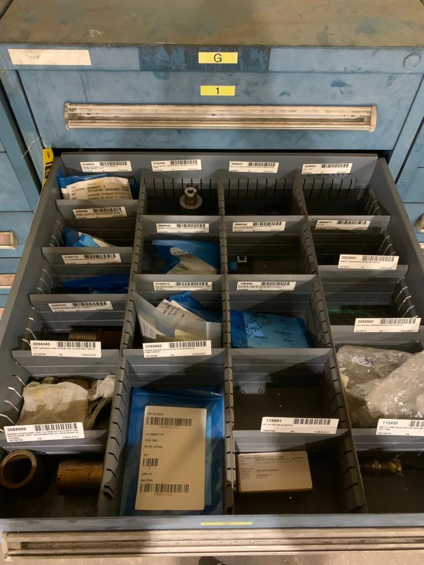 Stanley Vidmar 6-Drawer Cabinet w/ Assorted Repair Parts, Proximity Probe, Seals, Allen Bradley Circ - Image 3 of 7