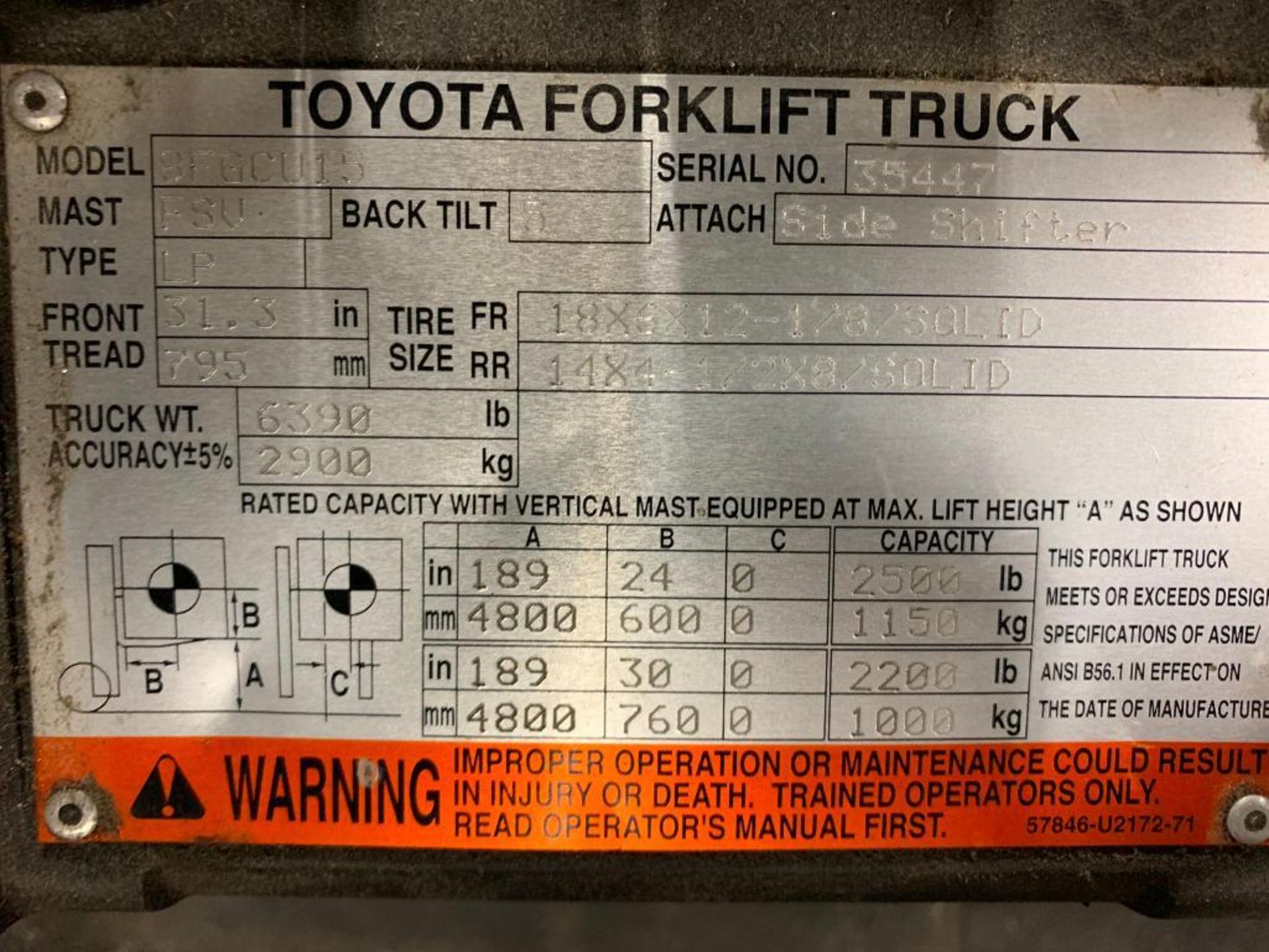 Toyota 3,000 LB. Capacity Forklift, Model 8FGCU15, LPG, 3-Stage Mast, 42" Forks, Side-Shift, Solid N - Image 15 of 15