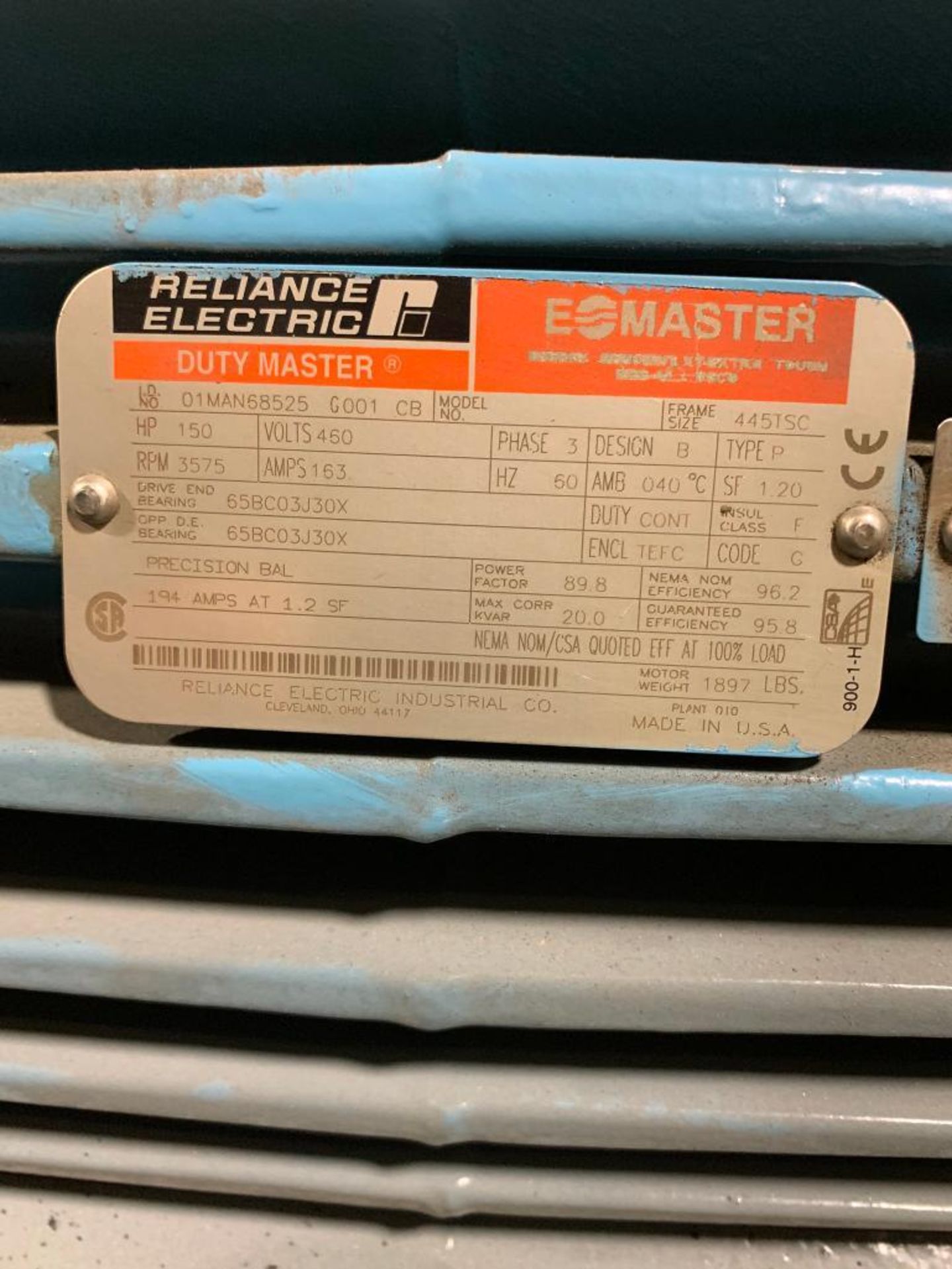 Reliance Electric 150-HP Motor, 3575 RPM, 460 V, 3 Phase, FR: 445TSC - Image 3 of 3