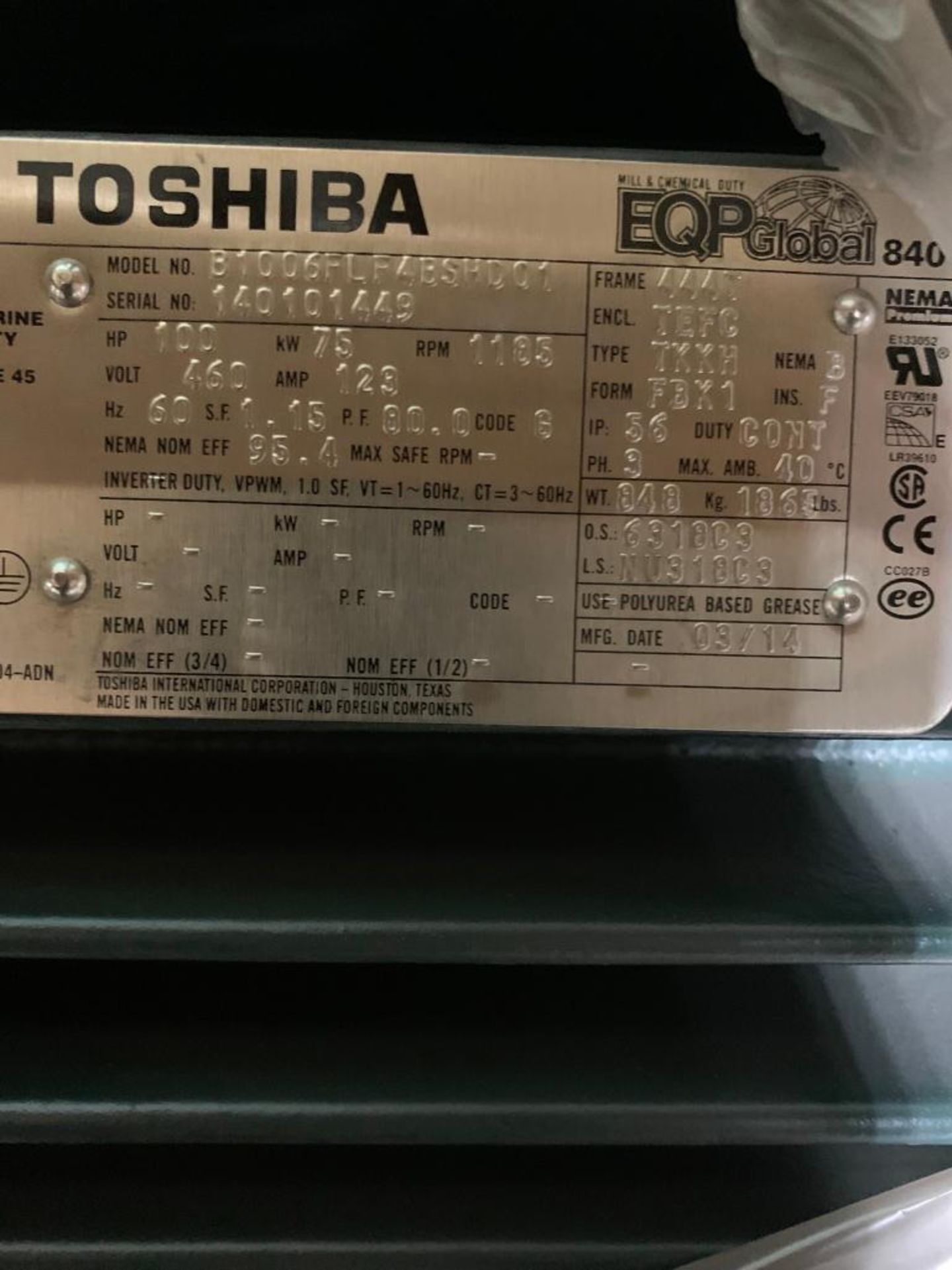 Toshiba 100-HP Electric Motor, 1185 RPM, 460 V, 3 Phase, FR: 444T - Image 3 of 3
