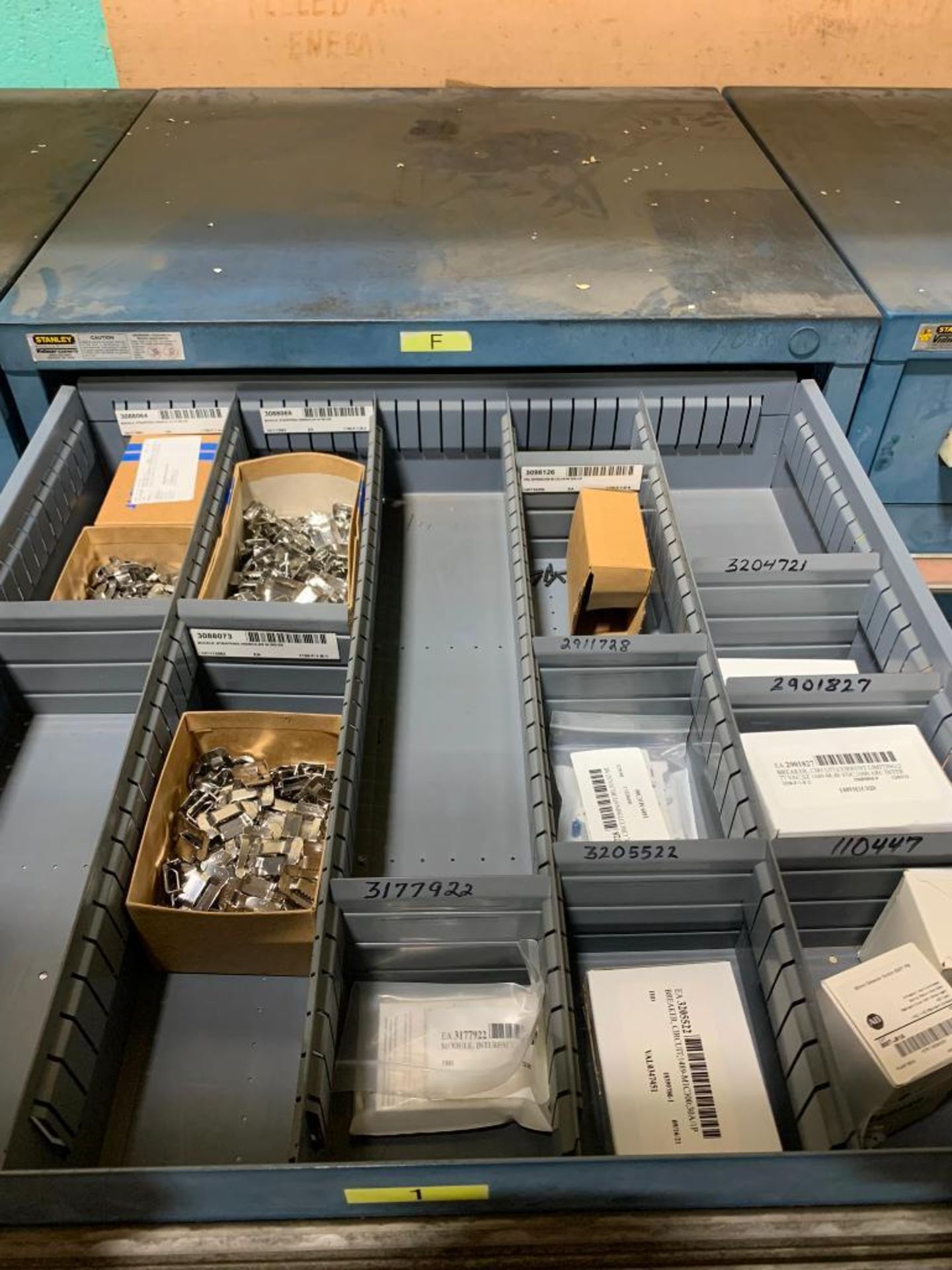 Stanley Vidmar 8-Drawer Cabinet w/ Assorted Circuit Breakers, Spring Pins, Mounting Brackets, Cable, - Image 2 of 9