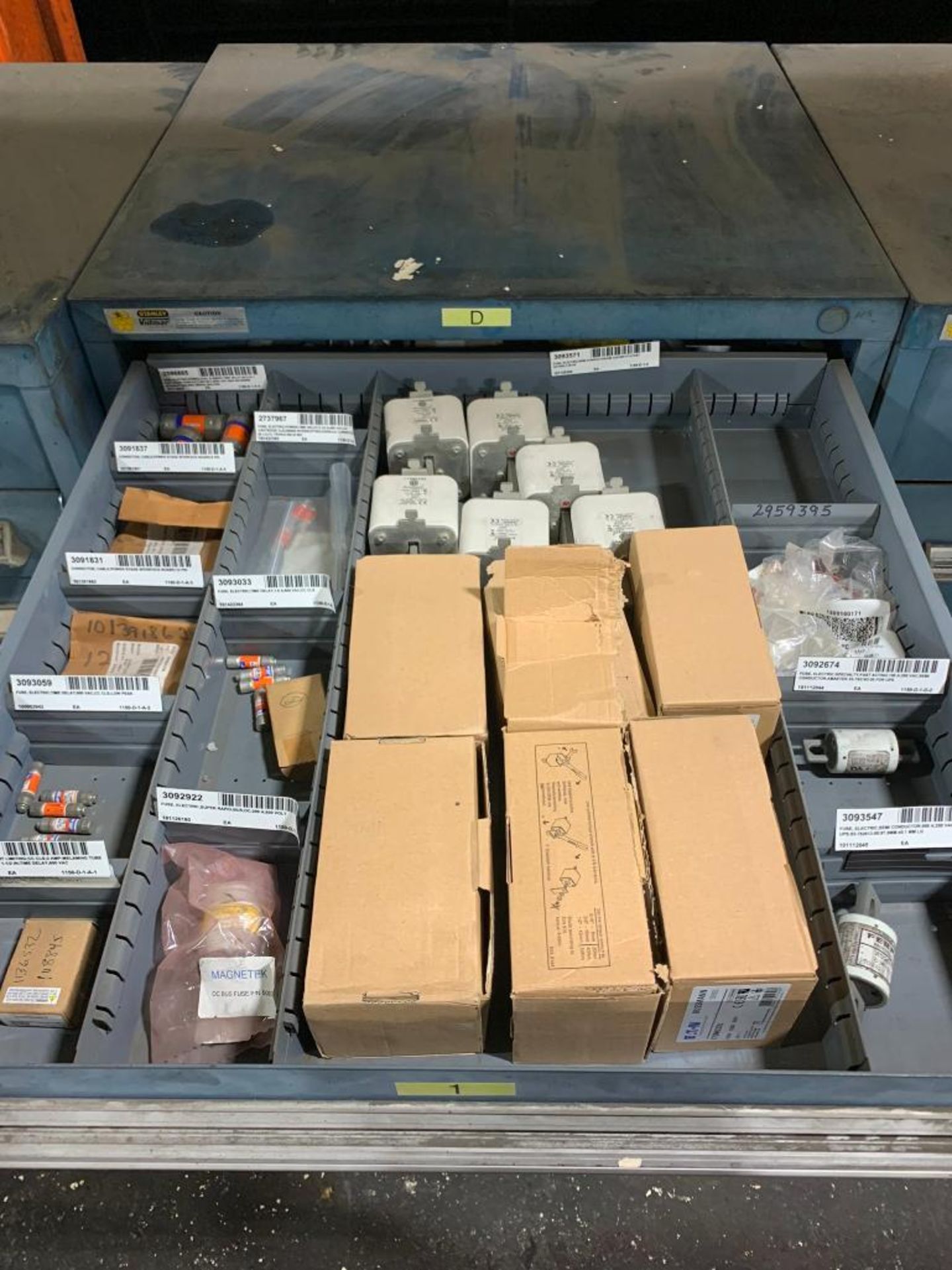Stanley Vidmar 9-Drawer Cabinet w/ Electrical Components; Assorted Fuses, Connectors, Receptacles, F - Image 2 of 10