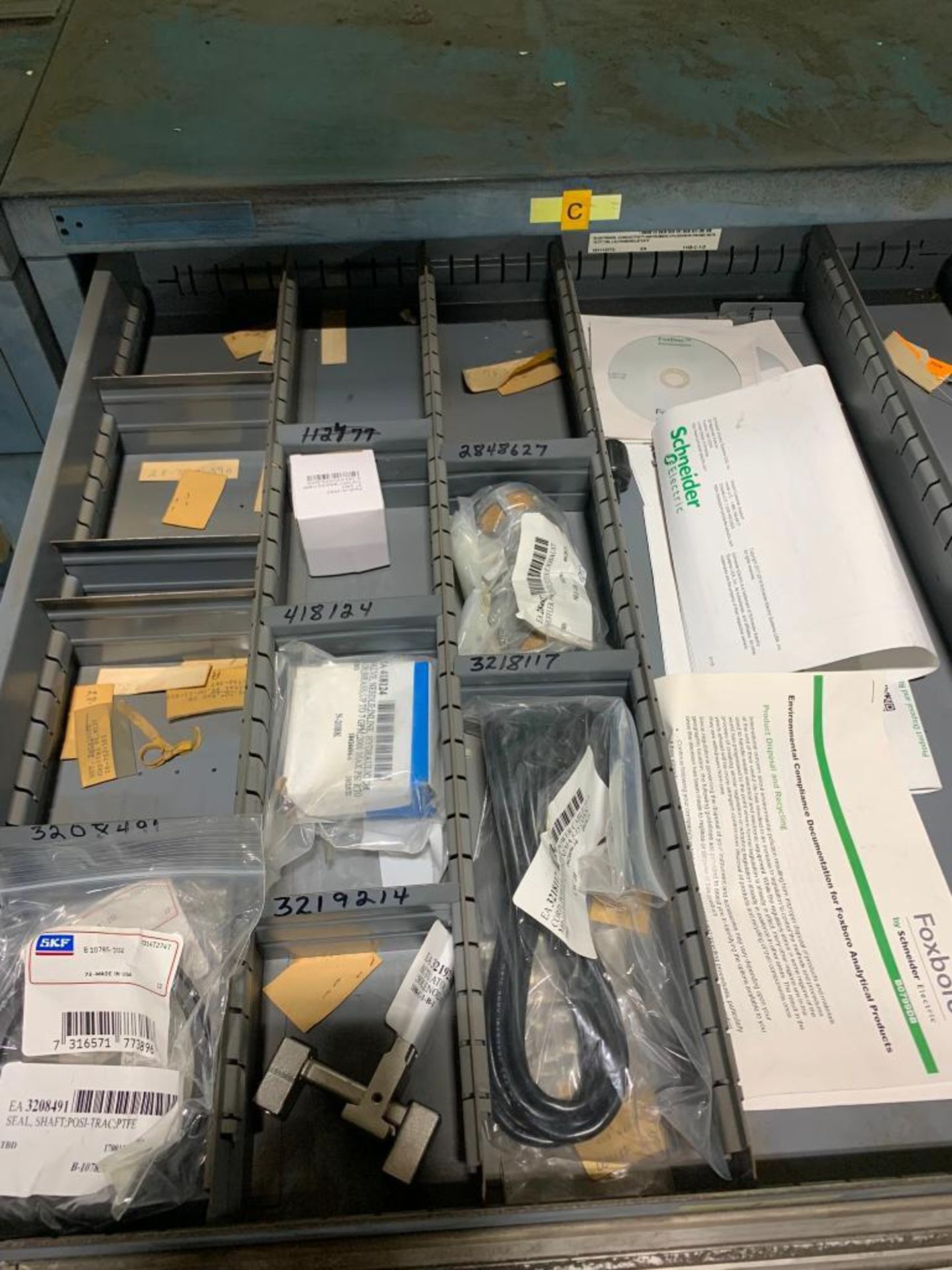 Stanley Vidmar 9-Drawer Cabinet w/ Electrode Sensor Probes, Assorted Valves, Limit Switches, Pressur - Image 2 of 10