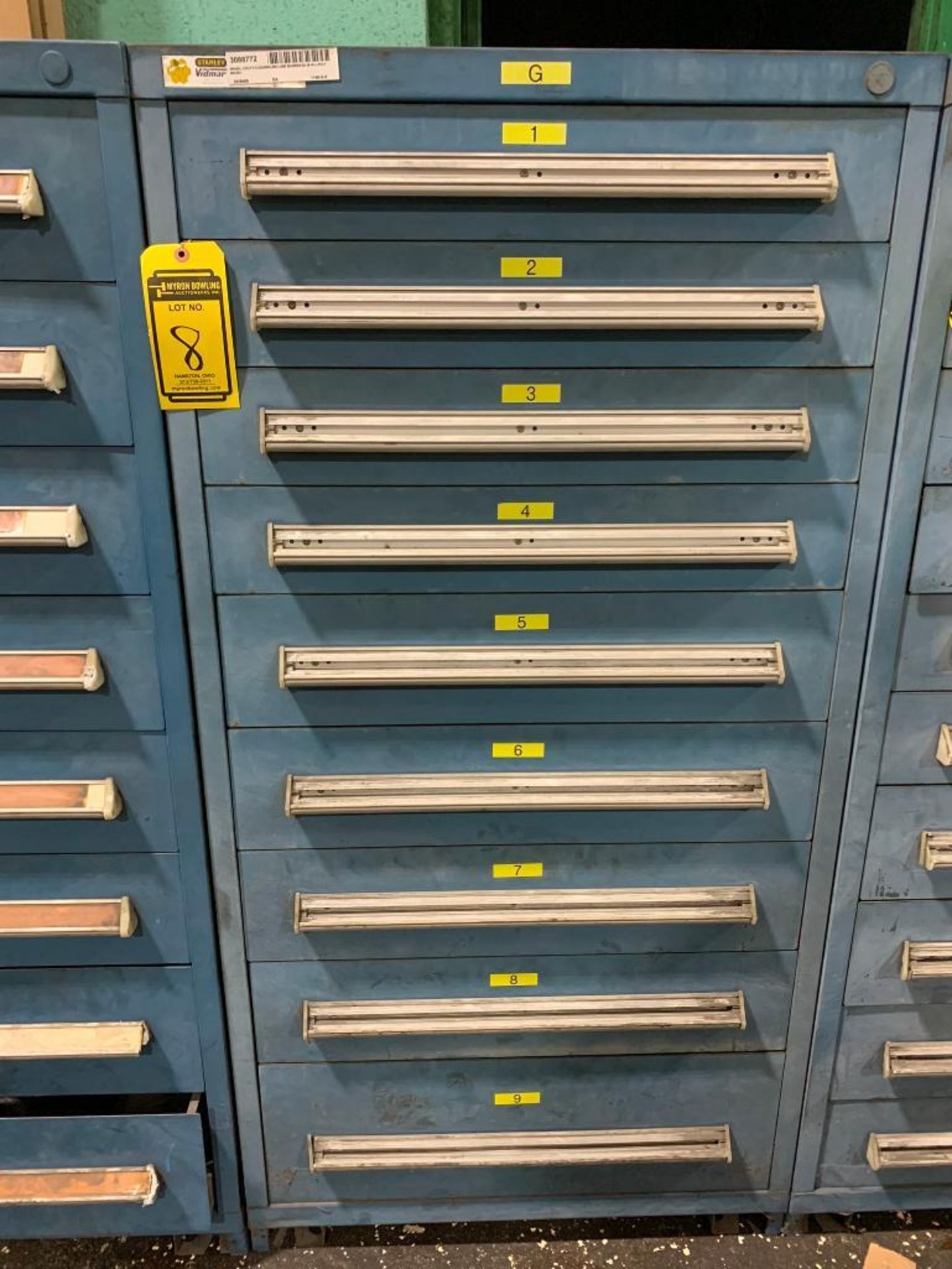 Stanley Vidmar 9-Drawer Cabinet w/ Nozzles, Pneumatic Pressure Regulators, Assorted Valves, Lubricat