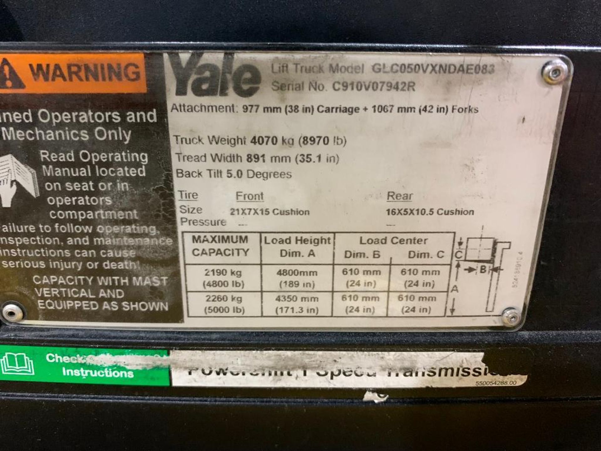 2017 Yale 5,000 LB. Capacity Forklift, Model GLC050, LPG, 3-Stage Mast, Cascade Reach Attachment, So - Image 17 of 17